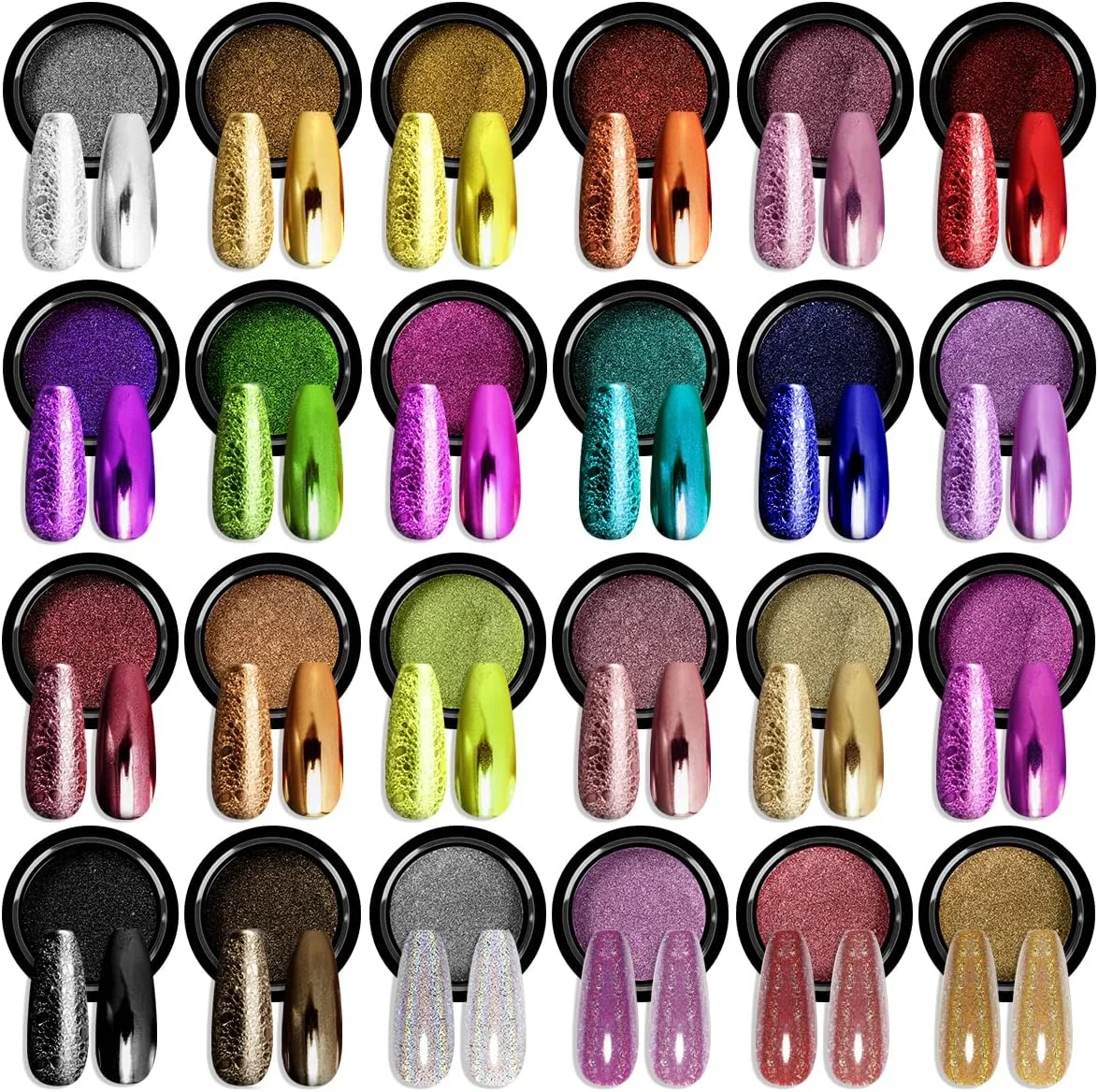 ست پودر کروم ناخن ساویلند - 24 رنگ پودر طراحی ناخن، پیگمنت با افکت آینه ای متالیک لیزری هولوگرافیک، اکلیل ناخن، تزئین مانیکور برای سالن ناخن، استفاده خانگی و هدیه کریسمس