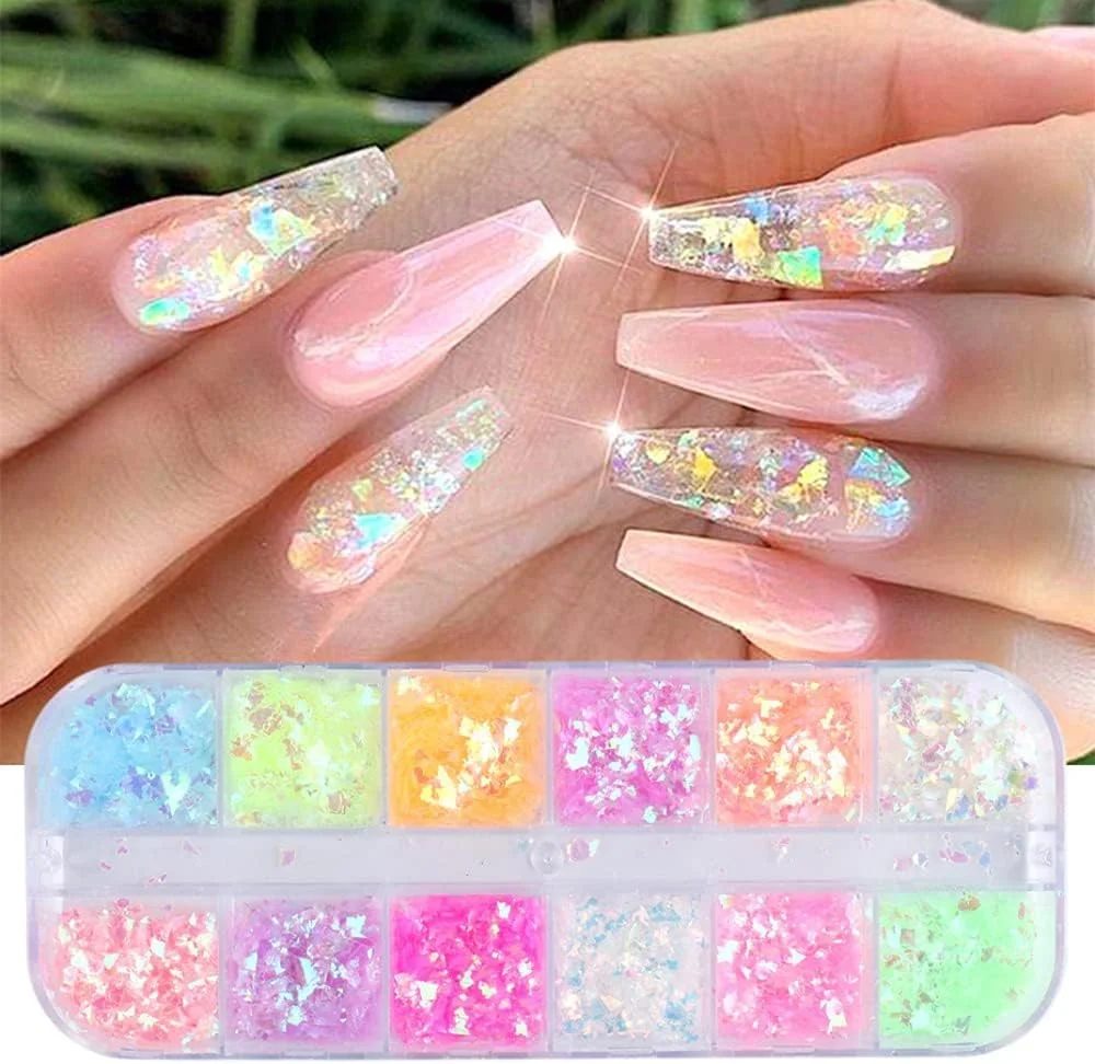 پولک های فویل طراحی ناخن، 12 رنگ پولک های فویل ناخن اکلیلی، پولک های چیپ ناخن اکلیلی رنگ مخلوط پولک فویل ناخن سه بعدی لوازم جانبی طراحی DIY اکلیلی برای DIY ناخن/آرایش/پیوند/هنر ناخن