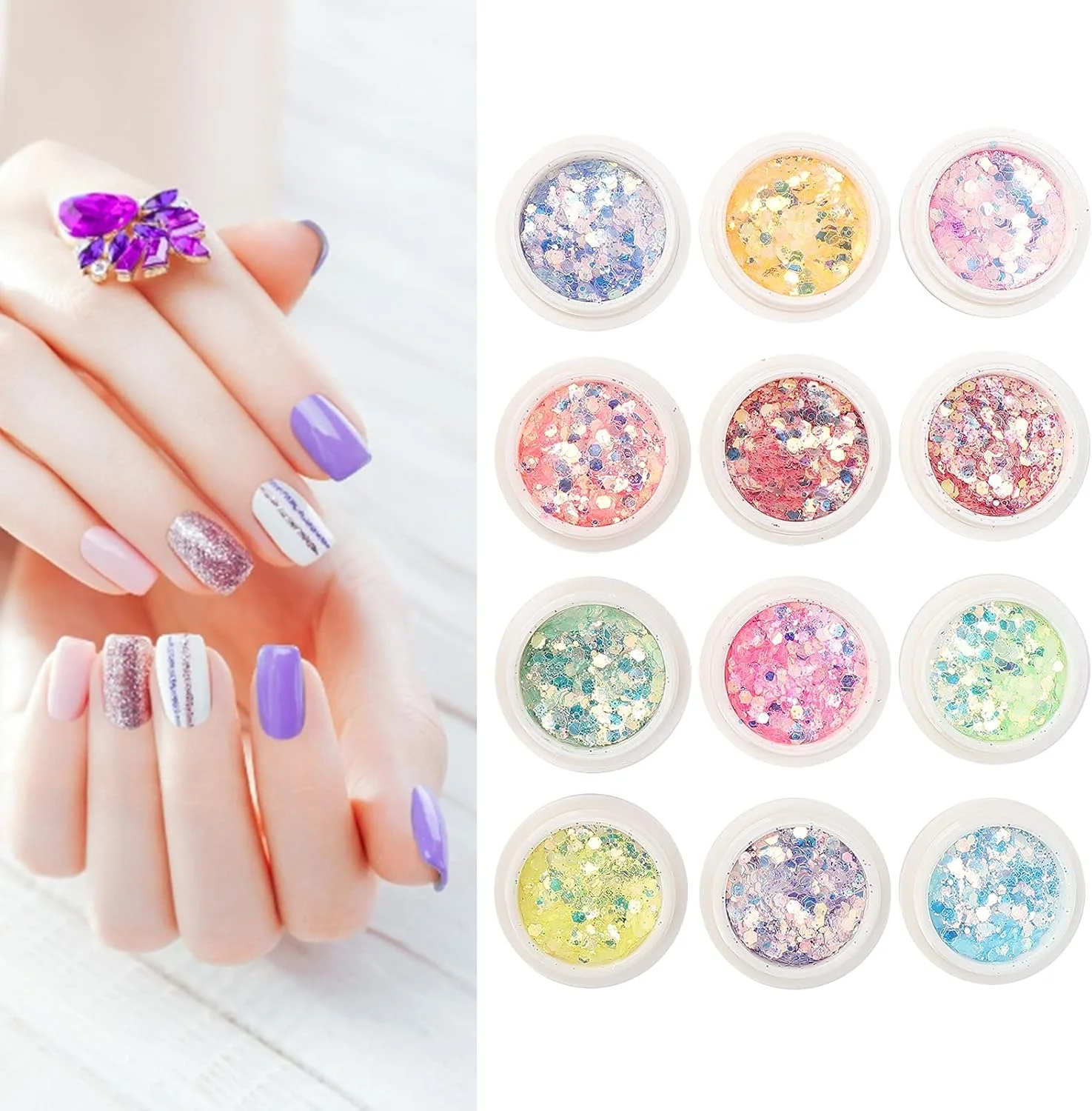 12 جعبه پولک طراحی ناخن، پودر اکلیل هنری ناخن DIY، ابزار مانیکور پولک برای هنر ناخن