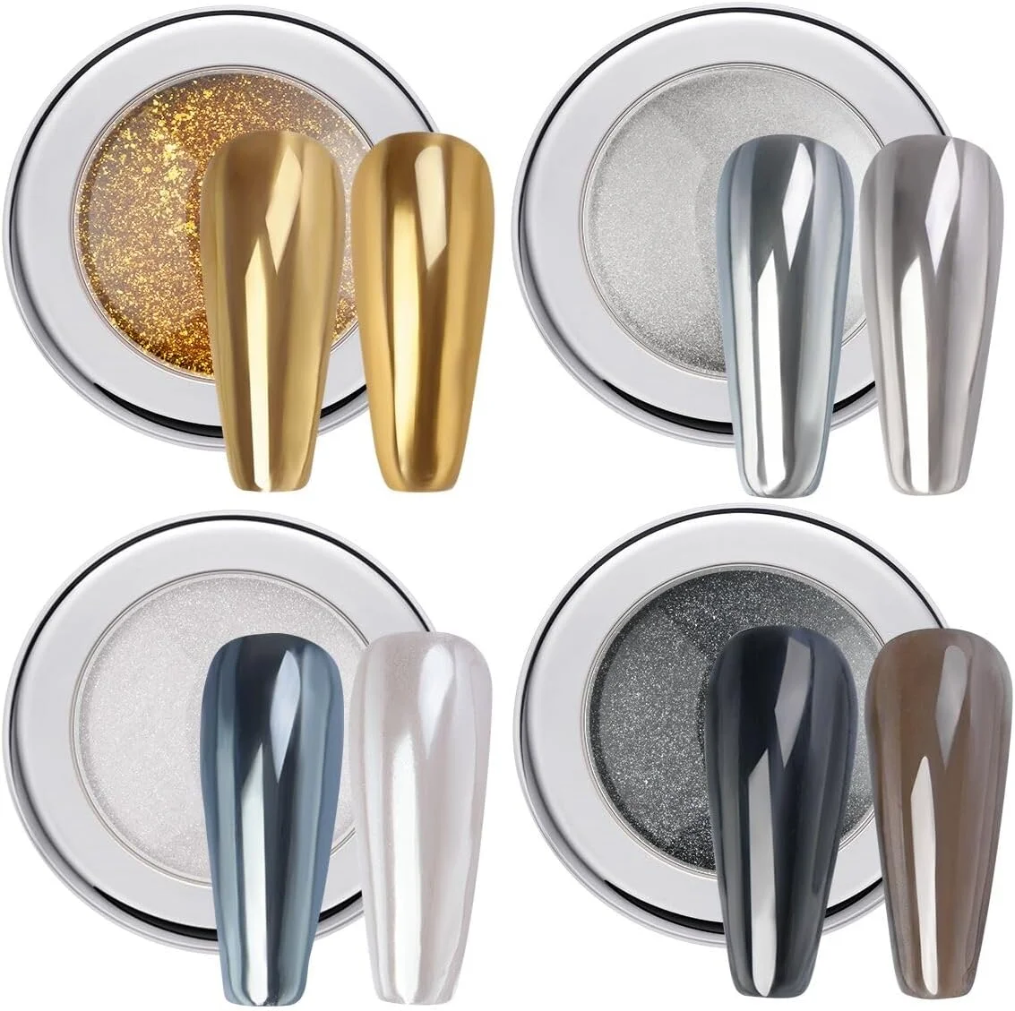 ست پودر کروم ناخن پریتی دیوا - 4 شیشه پودر کروم ناخن با اثر آینه ای و براق فلزی در رنگ های طلایی، نقره ای، مشکی و سفید