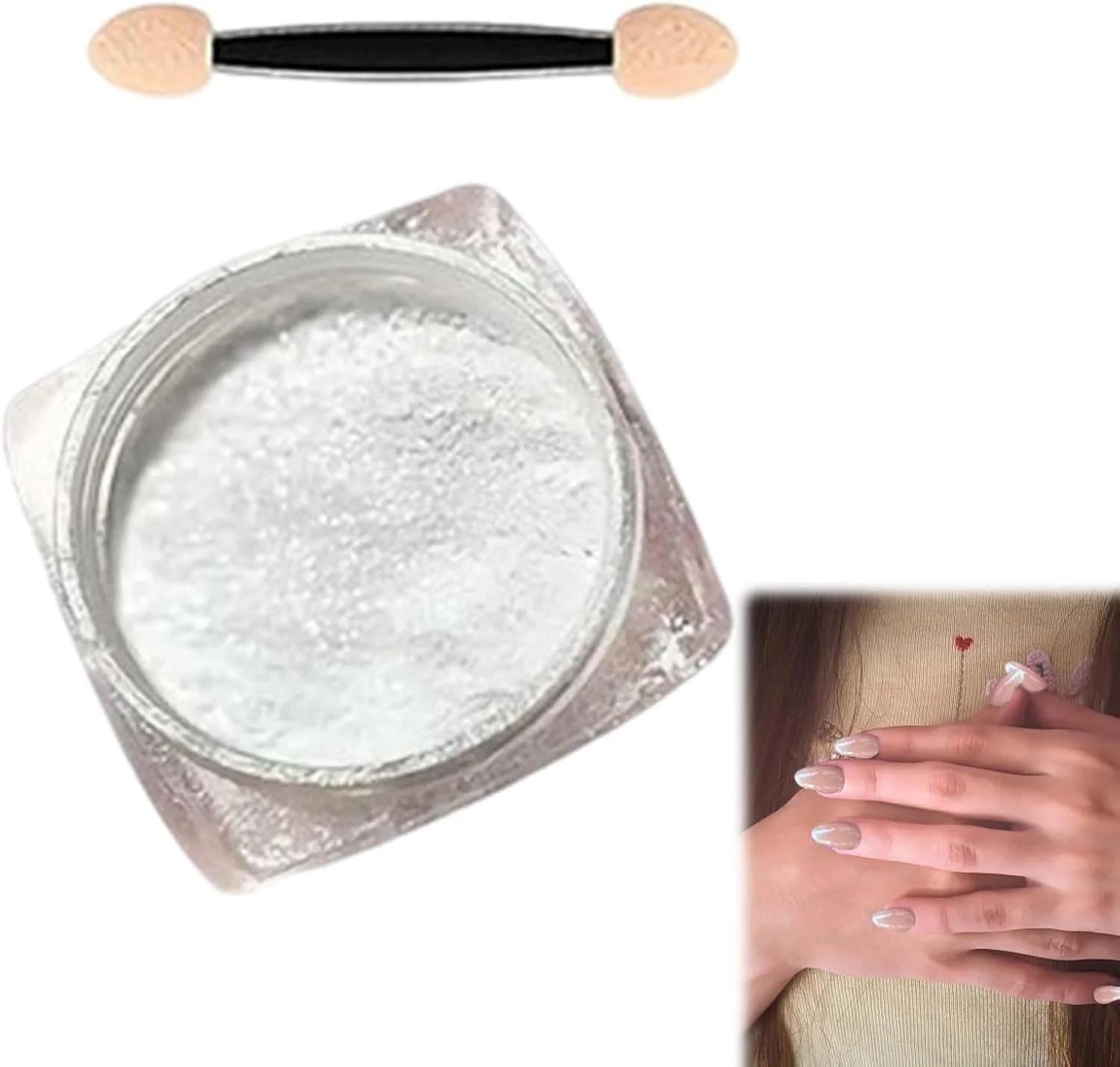 1 عدد پودر ناخن مرواریدی سفید آینهای، 1 عدد چوب اسفنجی، جلوه مهتابی، پودر کروم مرواریدی سفید، اکلیل کروم برای طراحی ناخن 1 عدد پودر ناخن مرواریدی سفید آینهای، 1 عدد چوب اسفنجی، جلوه مهتابی، پودر کروم مرواریدی سفید، اکلیل کروم برای طراحی ناخن