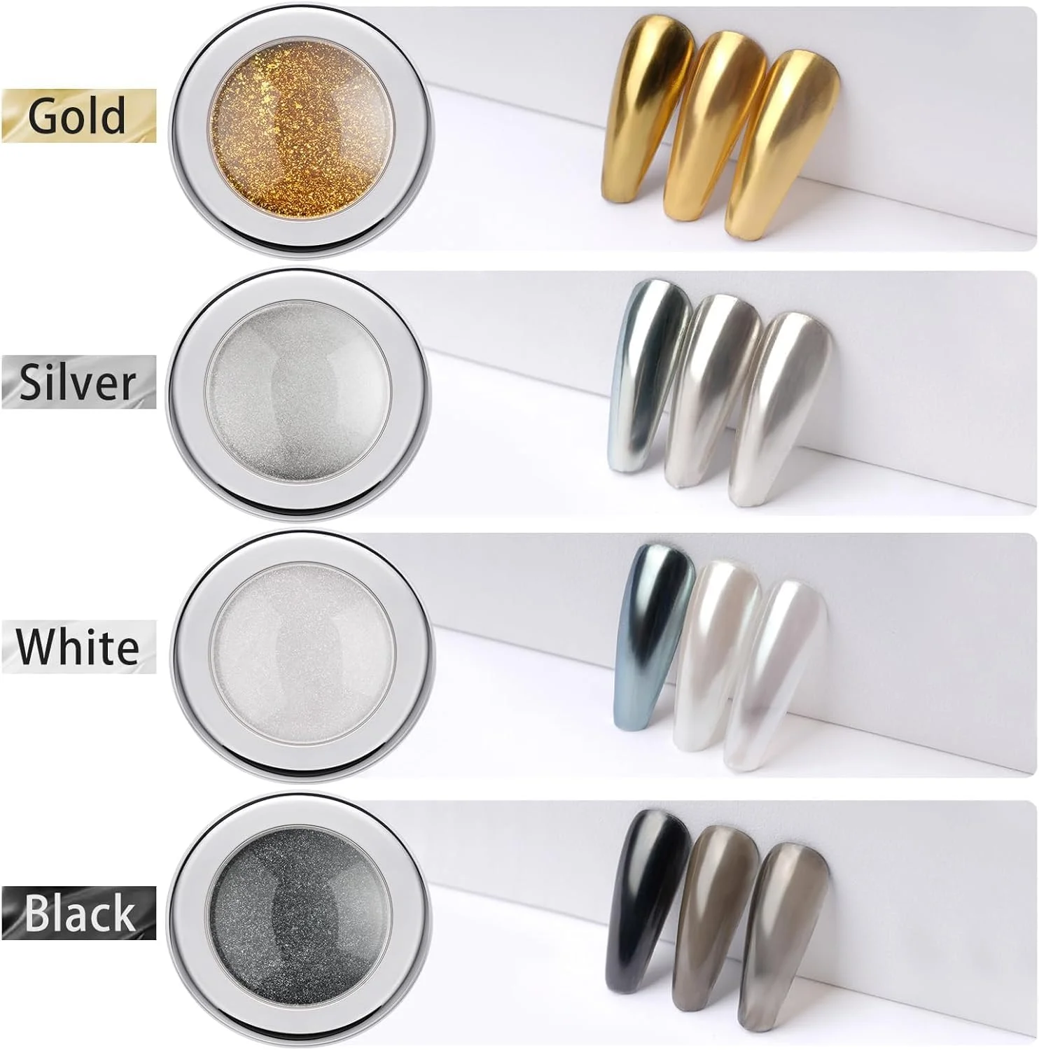 ست پودر کروم ناخن پریتی دیوا - 4 شیشه پودر کروم ناخن با اثر آینه ای و براق فلزی در رنگ های طلایی، نقره ای، مشکی و سفید