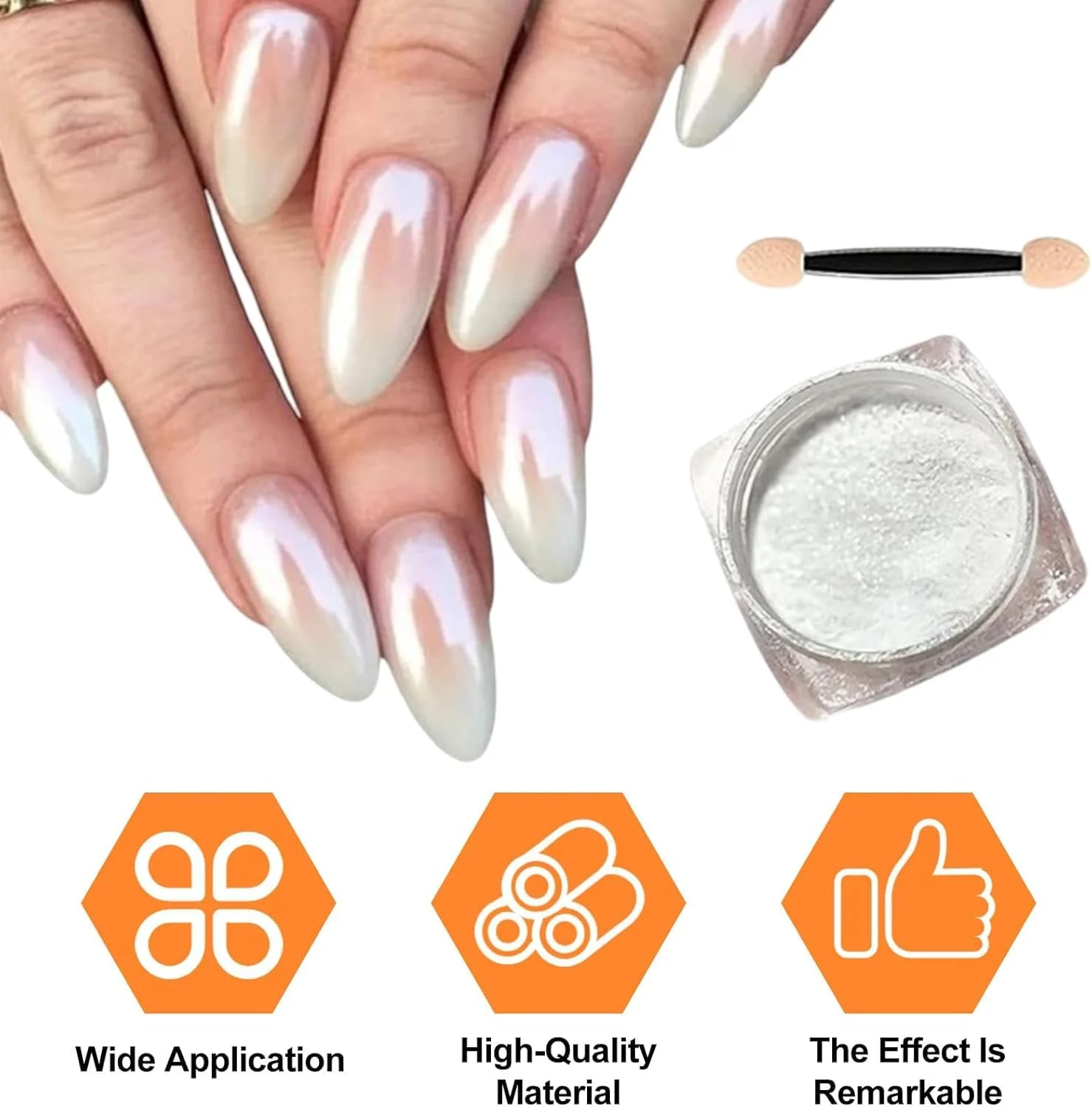 1 عدد پودر ناخن مرواریدی سفید آینه‌ای، 1 عدد چوب اسفنجی، جلوه مهتابی، پودر کروم مرواریدی سفید، اکلیل کروم برای طراحی ناخن