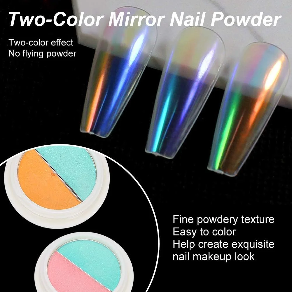 پودر ناخن دو رنگ آینه ای، پودر رنگدانه اکلیلی طراحی ناخن، ابزار مانیکور (2 عدد) پودر ناخن دو رنگ آینه ای، پودر رنگدانه اکلیلی طراحی ناخن، ابزار مانیکور (2 عدد)