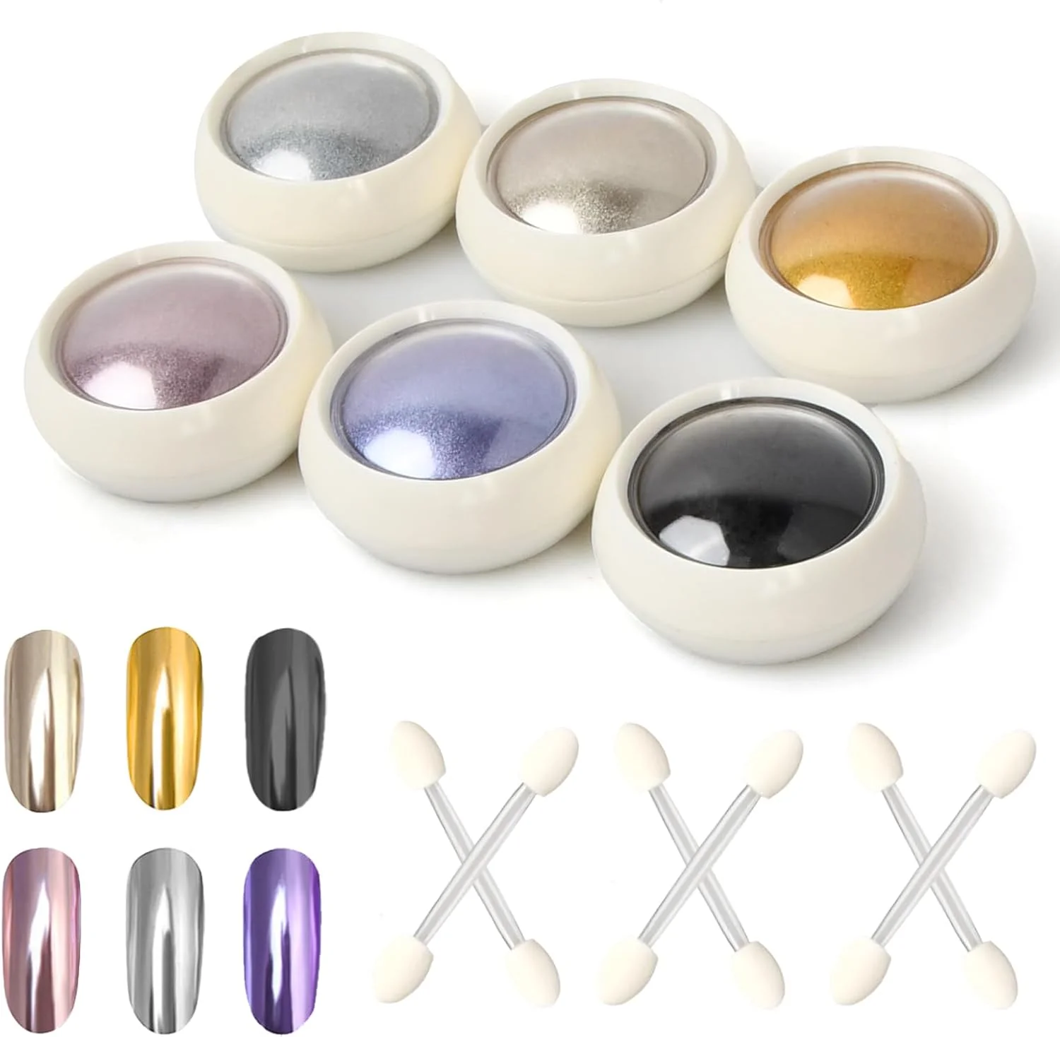 پودر مرواریدی هنر ناخن 6 شیشه ای، پودر اکلیل هنر ناخن با 6 برس اسفنجی، پودرهای کروم ناخن، پودر آینه هولوگرافیک، پودر مروارید براق مانیکور، پودر هولو پری دریایی آرورا برای ناخن