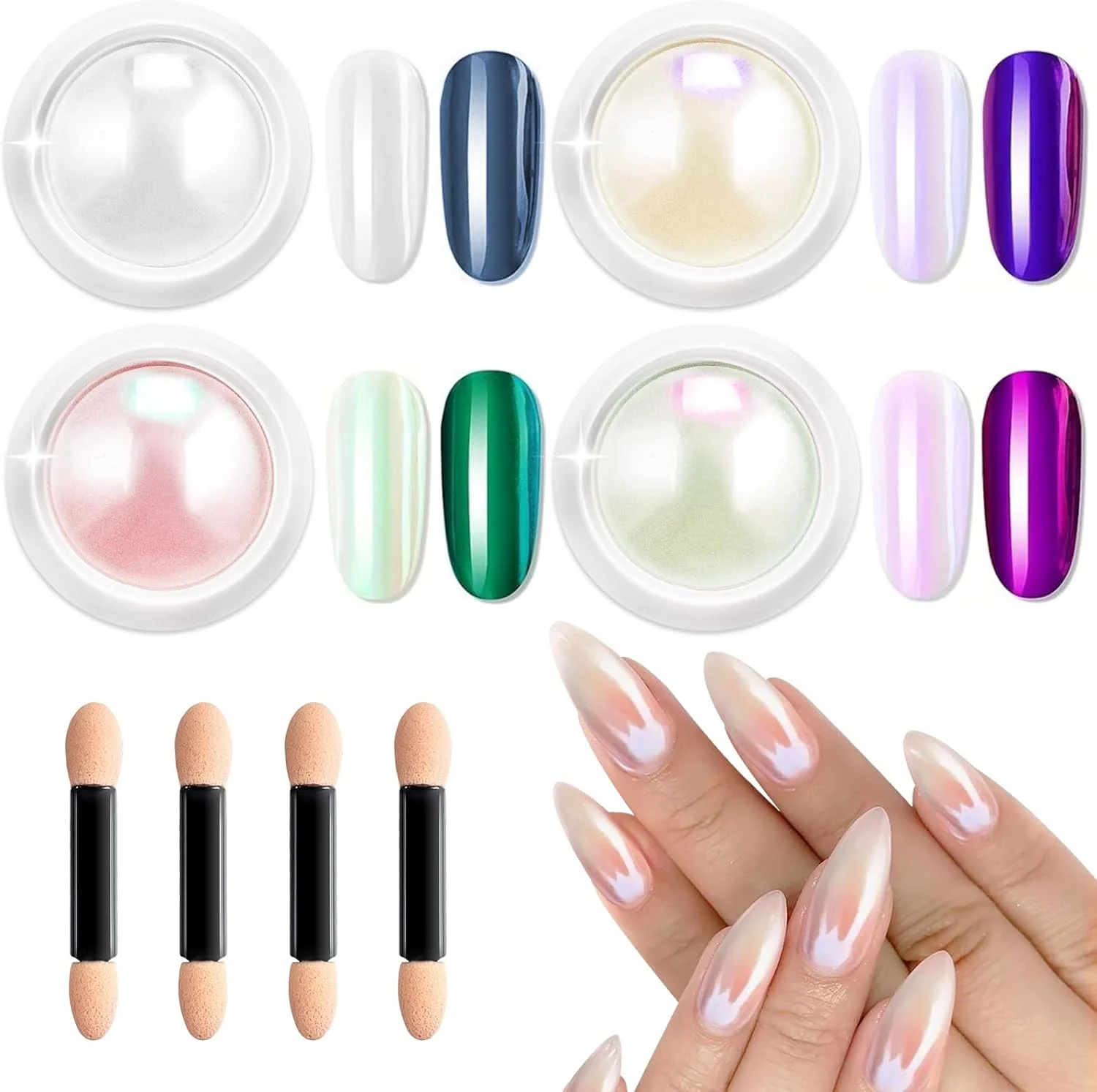 پودر کروم مرواریدی ناخن LEDSUUEI: پودر کروم دونات شیشه ای هولو سفید براق، پودر اکلیل پری دریایی شفق قطبی شفاف، رنگدانه اثر آینه جادویی یخی برای طراحی و تزئین ناخن