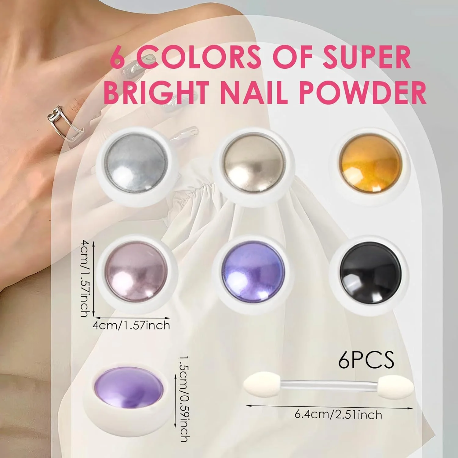 پودر مرواریدی هنر ناخن 6 شیشه ای، پودر اکلیل هنر ناخن با 6 برس اسفنجی، پودرهای کروم ناخن، پودر آینه هولوگرافیک، پودر مروارید براق مانیکور، پودر هولو پری دریایی آرورا برای ناخن