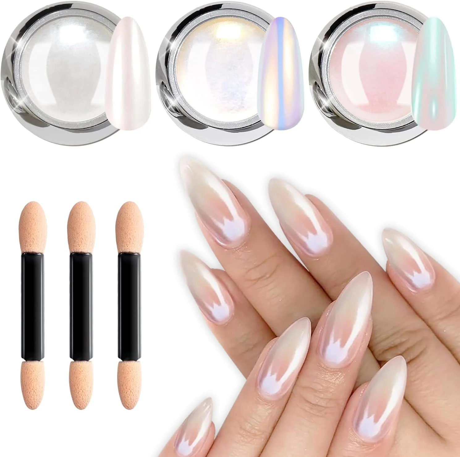 پودر کروم مرواریدی ناخن BISHENGYF - 3 عدد پودر کروم سفید شفق قطبی ناخن، پودر کروم یخی شفاف برای ناخن، اکلیل، پودر رنگدانه اثر آینه جادویی مرواریدی دونات لعاب دار - طراحی ناخن DIY