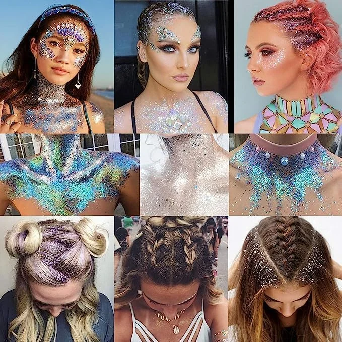 ۱۲ بسته اکلیل رنگی، درخشش چند منظوره برای صورت، بدن و طراحی ناخن