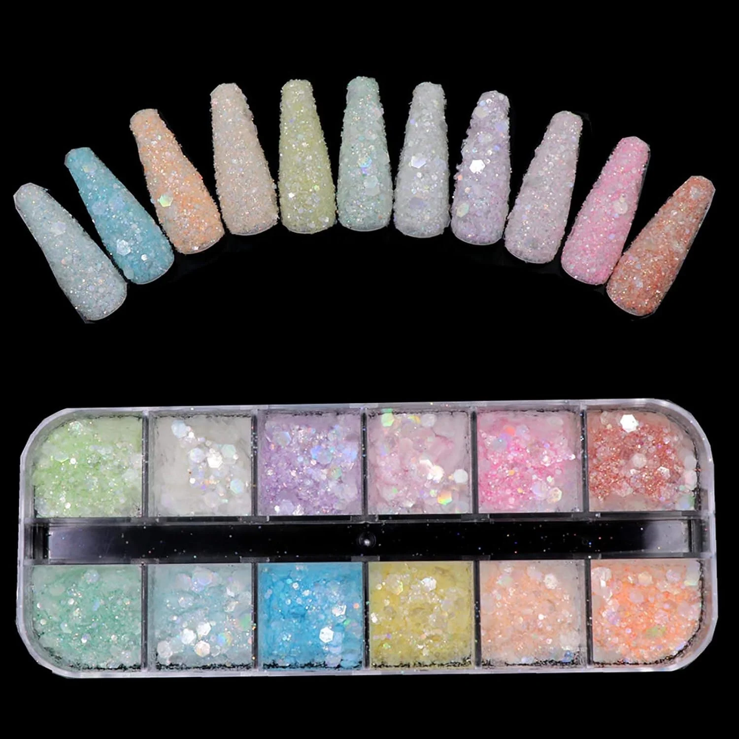 پالت سایه ناخن 12 رنگ، پولک های اکلیلی ناخن برای کاردستی، پولک های ناخن، پودر اکلیل ناخن، اکلیل آرایشی، پودر پولک های ناخن، درخشش، فویل های جشنواره، تزئینات ناخن (A)