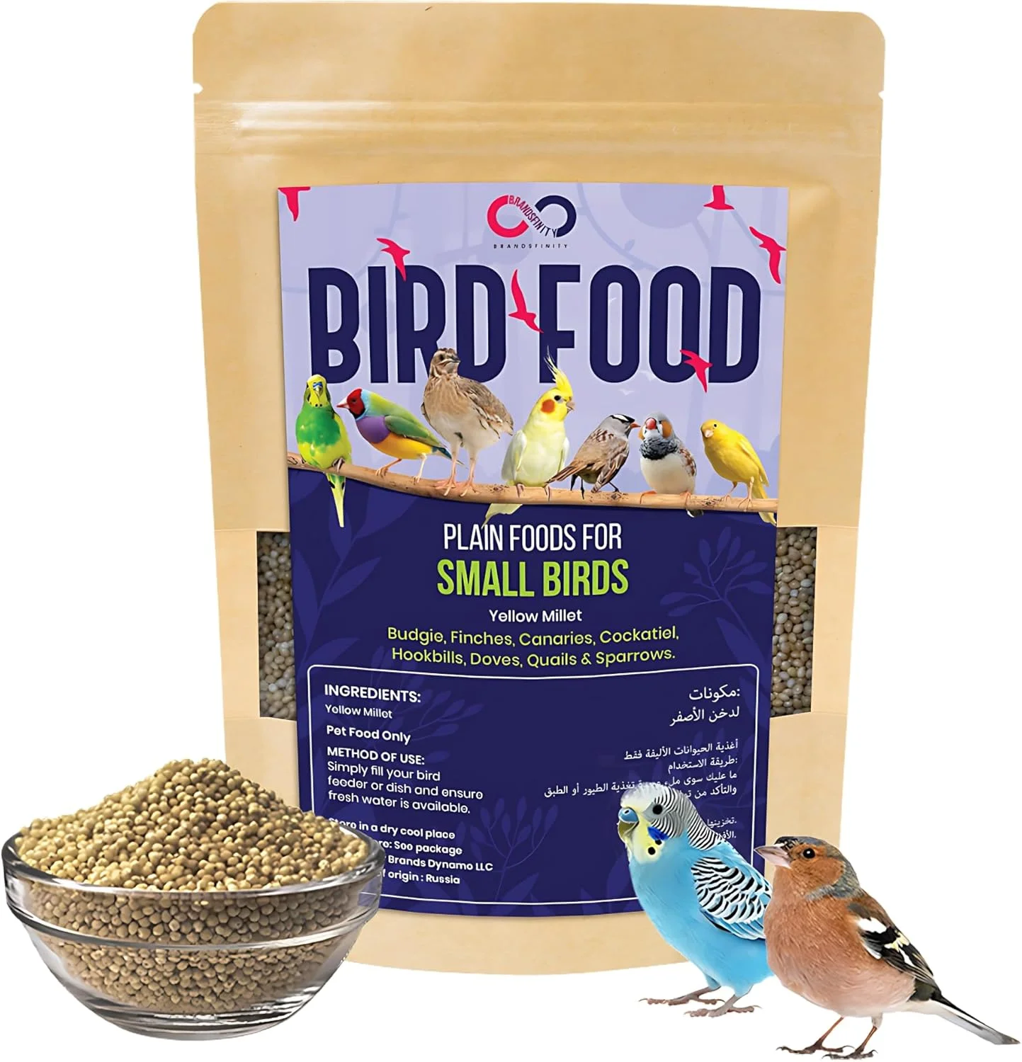 غذای ساده پرندگان Brandsfinity، 400 گرم، مناسب پرندگان کوچک، 100% دانه ارزن زرد، ایده آل برای مرغ عشق، قناری، فنچ، غذای آسان برای استفاده در دانخوری ها و خانه های پرندگان در فضای باز