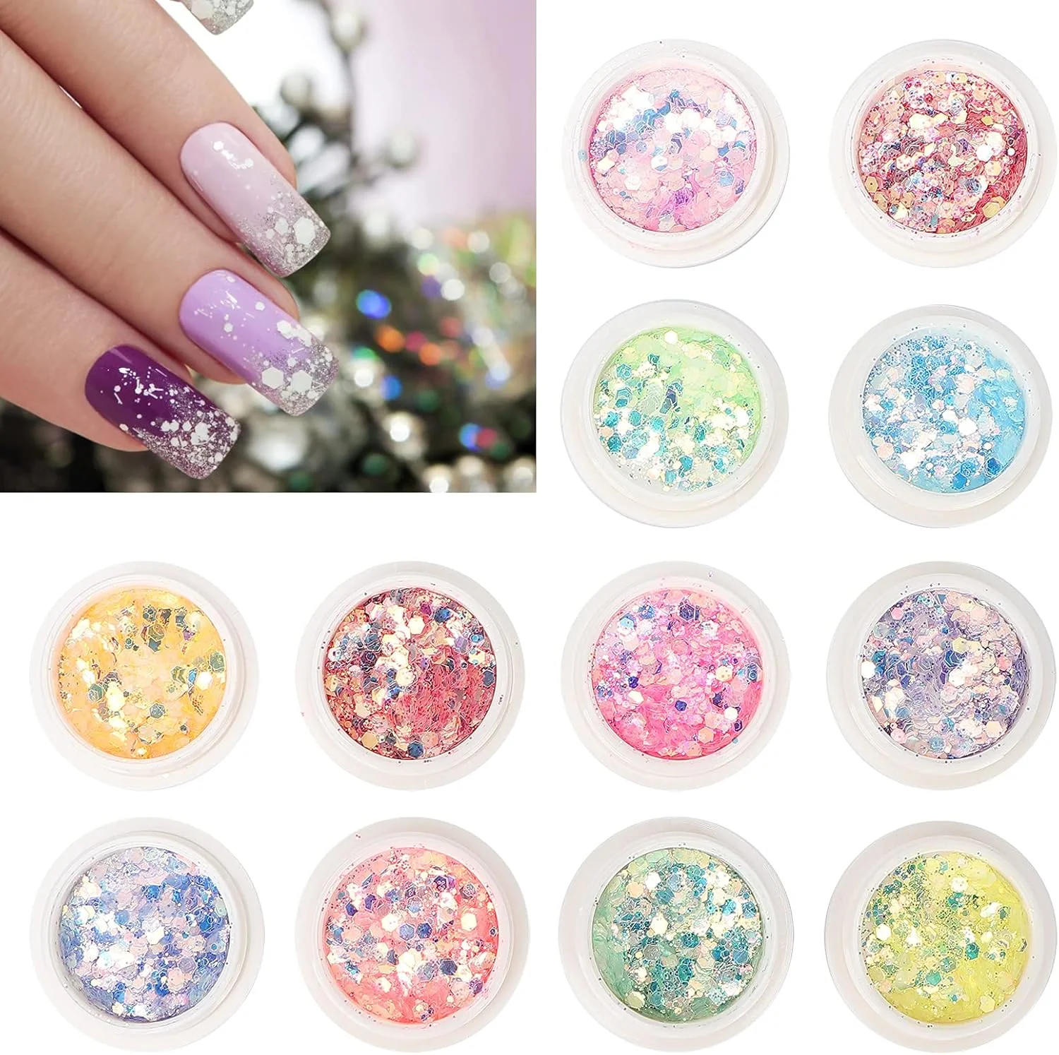 ست 12 تایی اکلیل ناخن، پولک های اکلیلی طراحی ناخن، پودر تزئین مانیکور ناخن DIY، فویل نگین دار برای هنر ناخن