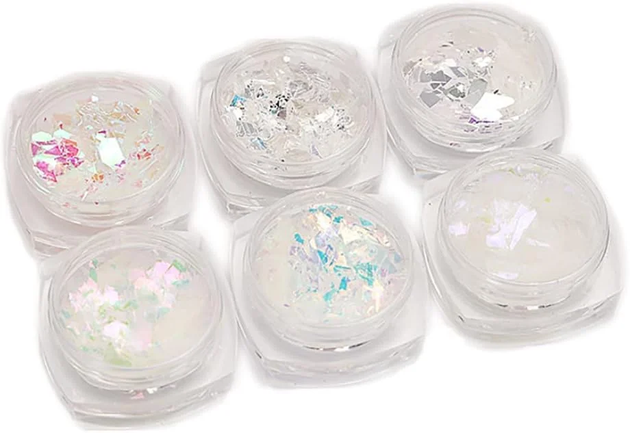 پودر پولک اکلیلی ناخن DIY، پودر پولک اکلیلی ناخن DIY، پودرهای پولک اکلیلی ناخن درخشان DIY تکه های فویل هنر ناخن تزئین ناخن 6 عددی