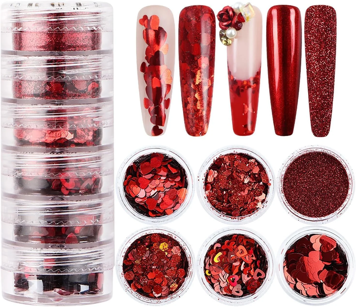6 جعبه پولک اکلیلی ناخن، پودر اکلیل قرمز ولنتاین، استیکر و برچسب های طراحی ناخن طرح قلب عشق، پودر اکریلیک پولکی طرح قلب برای ناخن، اکلیل ناخن برای تزئین ناخن ولنتاین