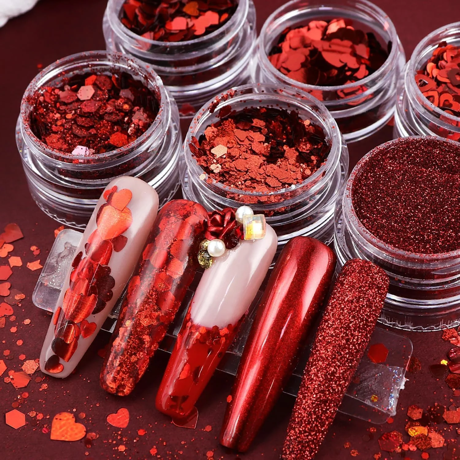 6 جعبه پولک اکلیلی ناخن، پودر اکلیل قرمز ولنتاین، استیکر و برچسب های طراحی ناخن طرح قلب عشق، پودر اکریلیک پولکی طرح قلب برای ناخن، اکلیل ناخن برای تزئین ناخن ولنتاین