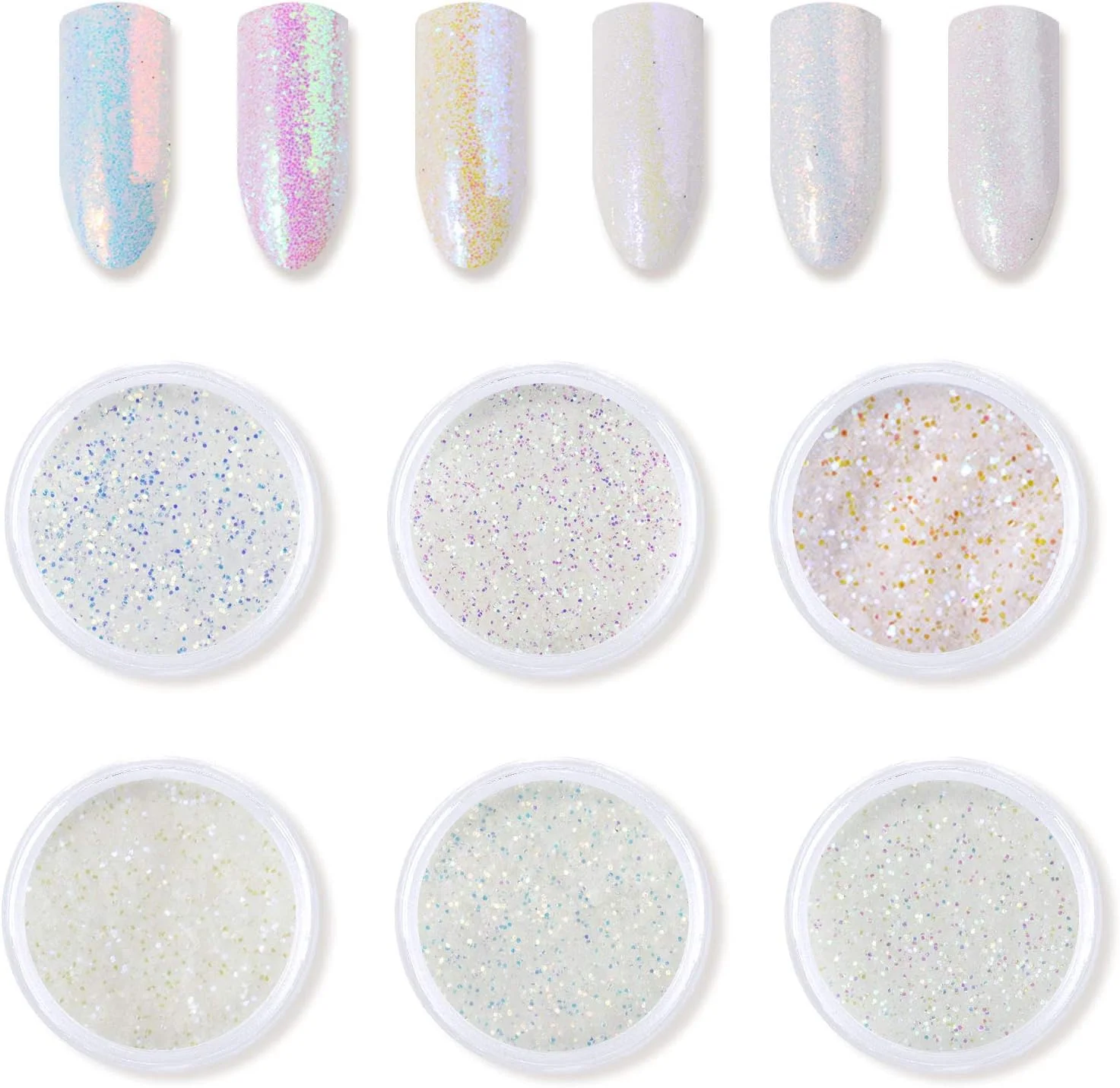 پودر های اکلیل ناخن شکر NLLNT، 6 عدد در هر ست، پودر نئون تک شاخ، پودر ناخن هولوگرافیک تک شاخ درخشان پری دریایی سفید، طراحی زیبای هنر ناخن مانیکور - 1 گرم