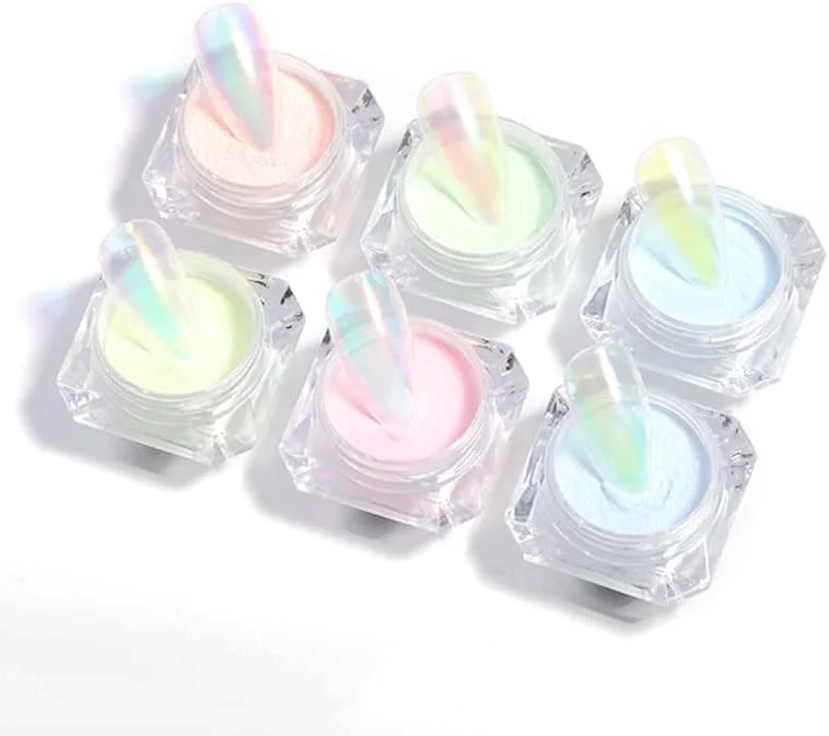 پودرهای اکلیل ناخن 6 عددی با اپلیکاتور، نئون فلش کروم تک شاخ رنگی لیزری آینه جادویی رنگدانه مانیکور برای طراحی زیبای هنر ناخن - 0.3 گرم * 6