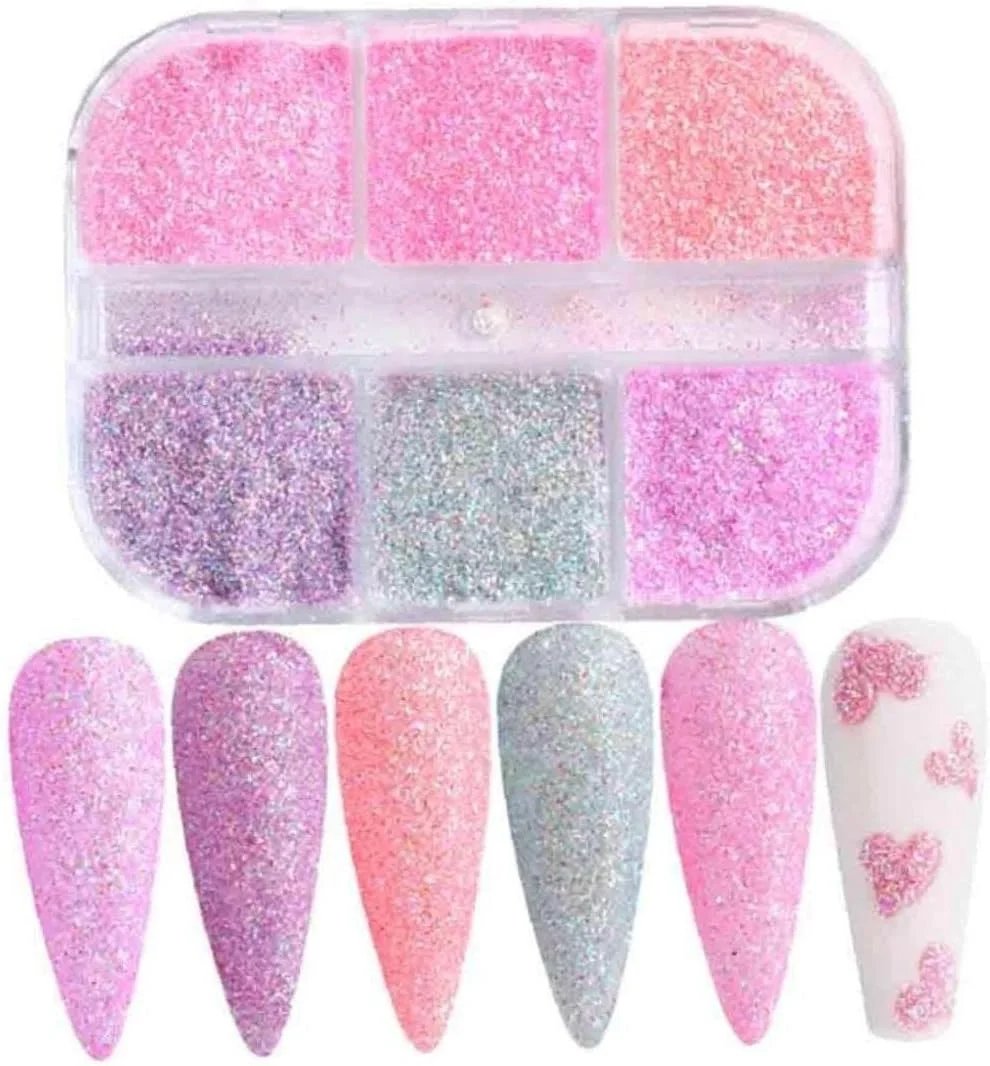 ست پودر شکر صورتی برای طراحی ناخن، پودر براق و میکروسایشی برای ایجاد افکت شکر در مانیکور