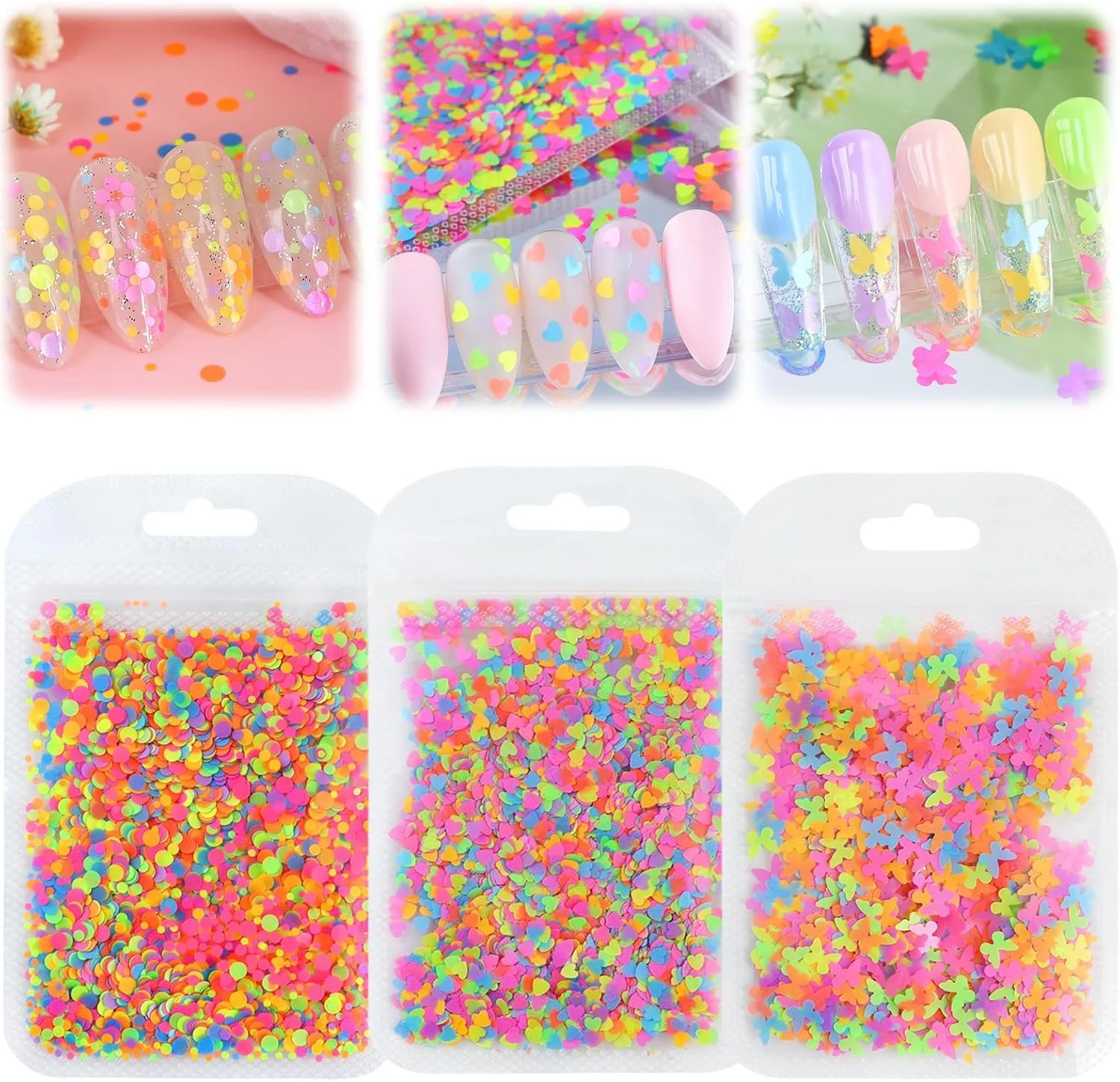 پولک های اکلیلی طراحی ناخن، مجموعه پودر اکلیل مینی، طراحی ناخن سه بعدی شفاف و فوق العاده نازک، پولک های گرد طراحی ناخن، اکلیل برای ناخن با طرح پروانه، قلب، تزئین ناخن برای خانم ها (فلورسانس)