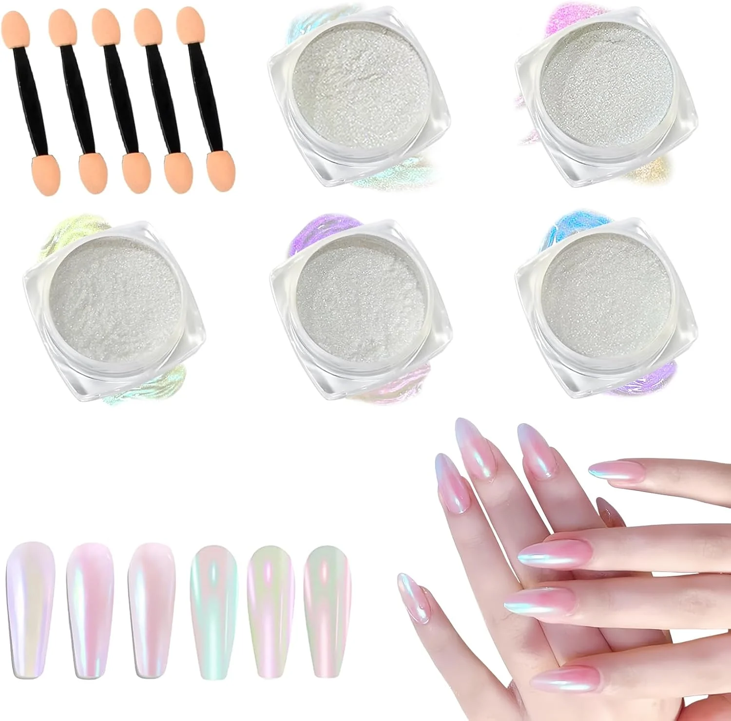 پودر اکلیل طراحی ناخن، پودر ناخن درخشان با قلم اپلیکاتور، پودر کروم مانیکور، پودر اکلیل ناخن، پودر طراحی ناخن متالیک، پودر آینه ای ناخن، ست پودر آینه ای طراحی ناخن (5 عدد)