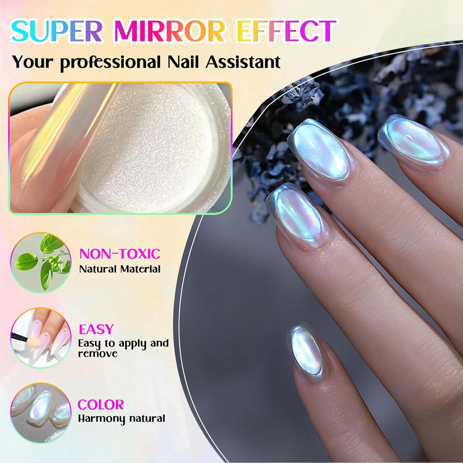 پودر اکلیل طراحی ناخن، پودر ناخن درخشان با قلم اپلیکاتور، پودر کروم مانیکور، پودر اکلیل ناخن، پودر طراحی ناخن متالیک، پودر آینه ای ناخن، ست پودر آینه ای طراحی ناخن (5 عدد)