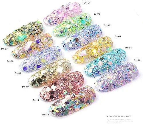 پودر اکلیل ناخن، 12 جعبه پودر ناخن پولک های درشت تزئین اکلیل هنر ناخن برای طراحی DIY هنر ناخن ژل UV