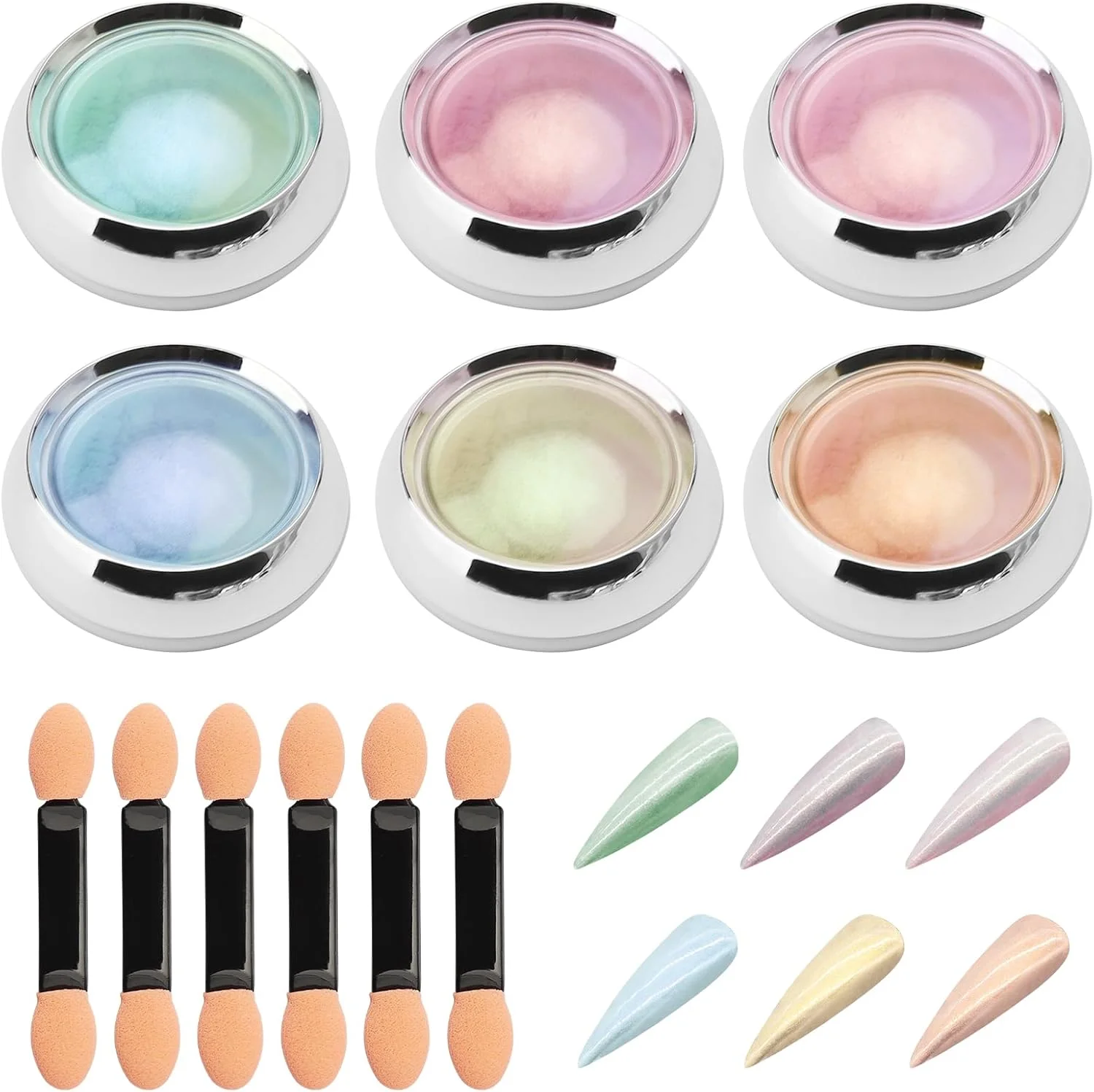 پودر کروم ناخن 6 عددی، پودر اکلیل ناخن کروم با روکش آینه ای جادویی برای طراحی ناخن، کروم ناخن برای رنگ های پایه مختلف، جلوه های مختلف برای طراحی و تزئین ناخن