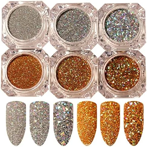 ست 6 عددی پودر اکلیل ناخن نقره ای هولوگرافیک، پولک های هولوگرام، پودر طراحی ناخن، اکلیل هولوگرافی