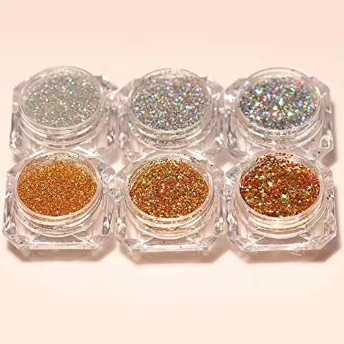 ست 6 عددی پودر اکلیل ناخن نقره ای هولوگرافیک، پولک های هولوگرام، پودر طراحی ناخن، اکلیل هولوگرافی