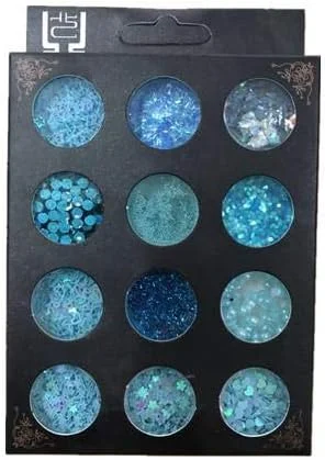 12 جعبه پولک، اکلیل، نگین تخت مرواریدی و پودر شاین دار آبی برای طراحی ناخن، آرایش چشم و تزئینات