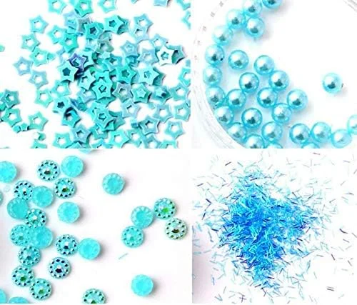 12 جعبه پولک، اکلیل، نگین تخت مرواریدی و پودر شاین دار آبی برای طراحی ناخن، آرایش چشم و تزئینات