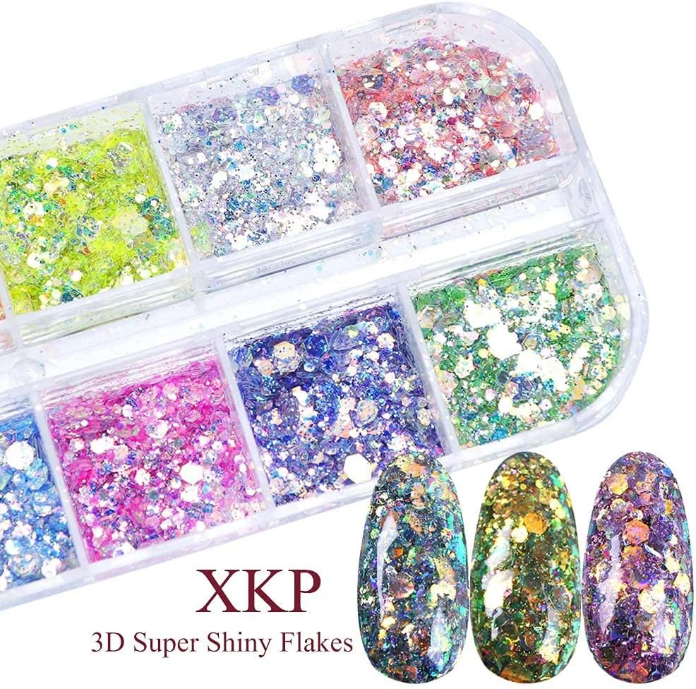 اکلیل ناخن، 12 رنگ/ست پودر پری دریایی پولک اکلیلی هنر ناخن برای تزئین ناخن با ژل UV