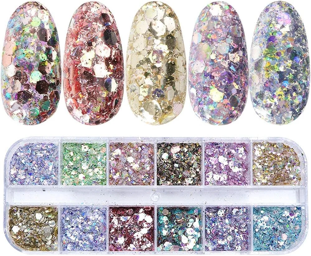 اکلیل ناخن، 12 رنگ/ست پودر پری دریایی پولک اکلیل ناخن برای طراحی ناخن با ژل UV و تزئین DIY