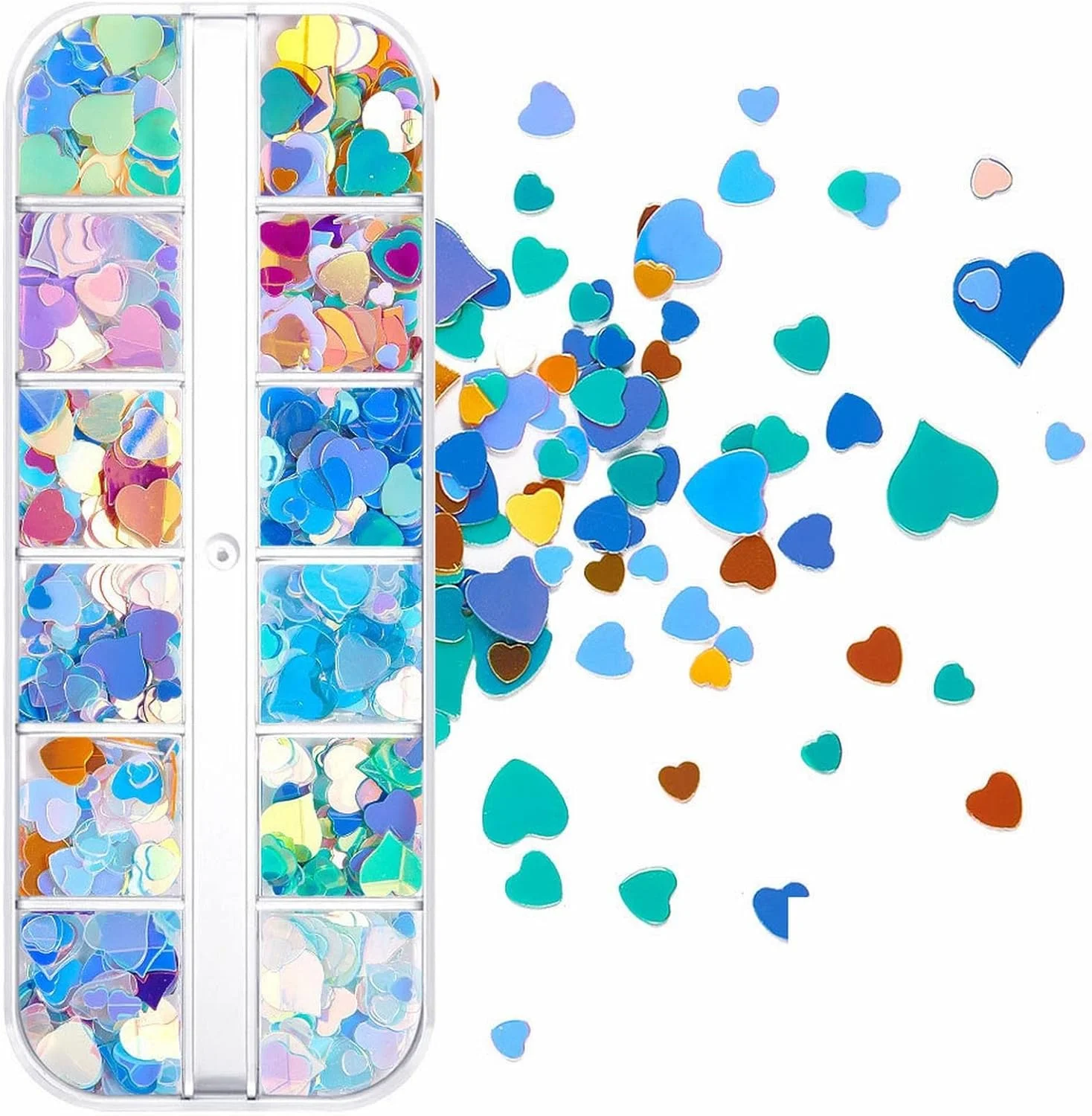 اکلیل ناخن 12 خانه، پولک ناخن قلبی شکل، پولک های اکلیلی صورت برای کاردستی، اکلیل آرایشی، پودر اکلیل ناخن