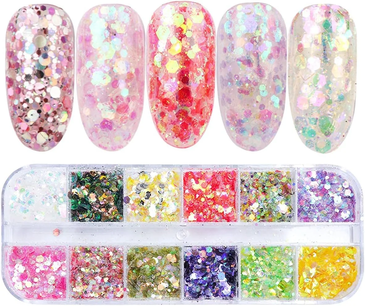 اکلیل ناخن، 12 رنگ/ست پودر پری دریایی پولک های گرد و غبار اکلیل طراحی ناخن برای دکوراسیون DIY هنر ناخن ژل UV
