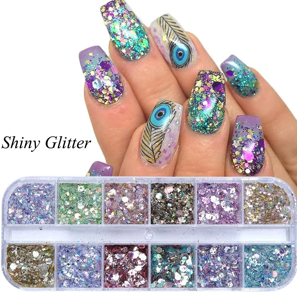 اکلیل ناخن، 12 رنگ/ست پودر پری دریایی پولک اکلیل ناخن برای طراحی ناخن با ژل UV و تزئین DIY
