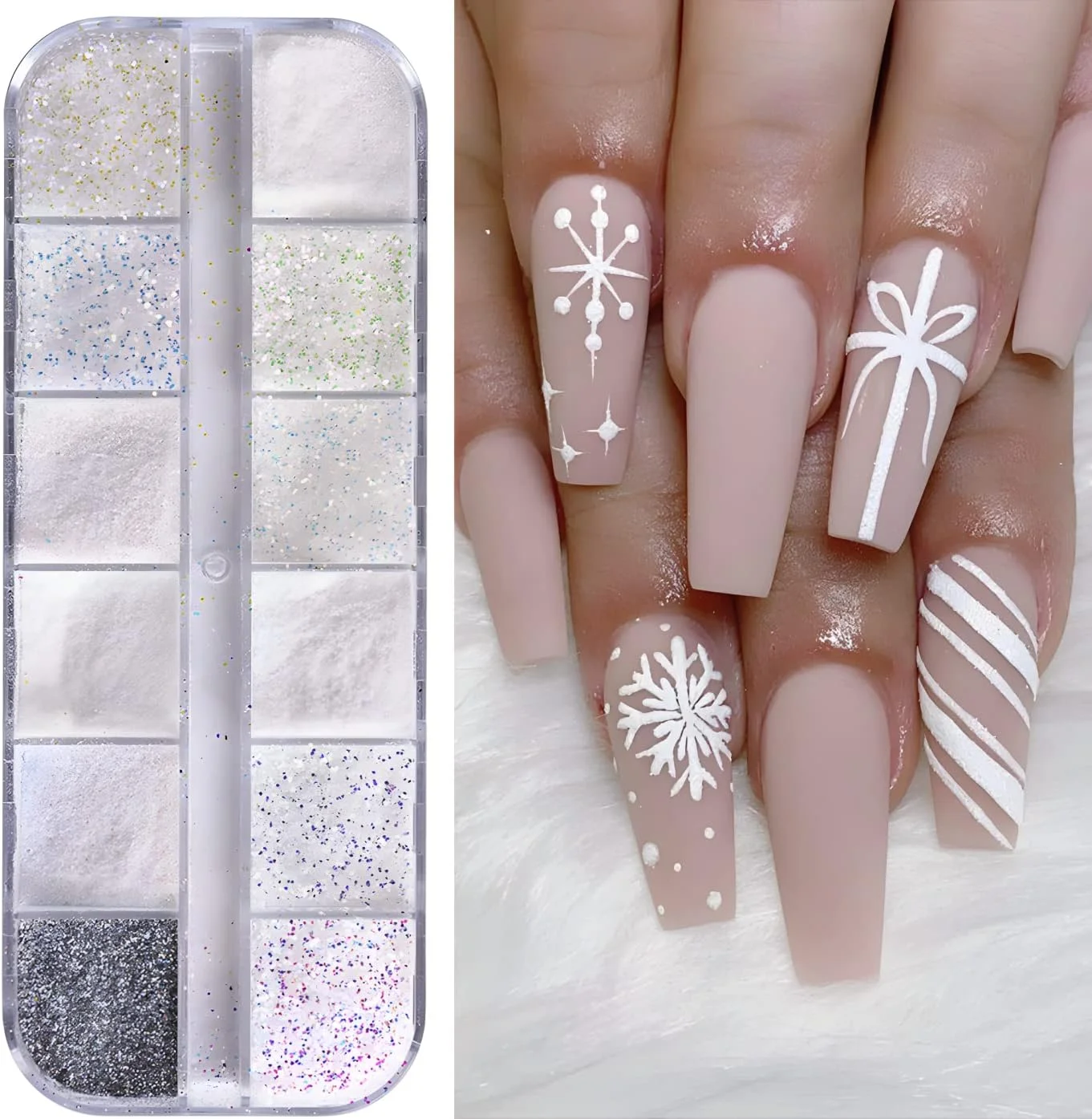 پودر اکلیل ناخن شکر سفید Furimuk برای طراحی ناخن دانه برفی کریسمس، رنگدانه شنی براق سه بعدی آب نباتی، پولک های هنری ناخن زمستانی، لوازم جانبی تزئینی مانیکور.