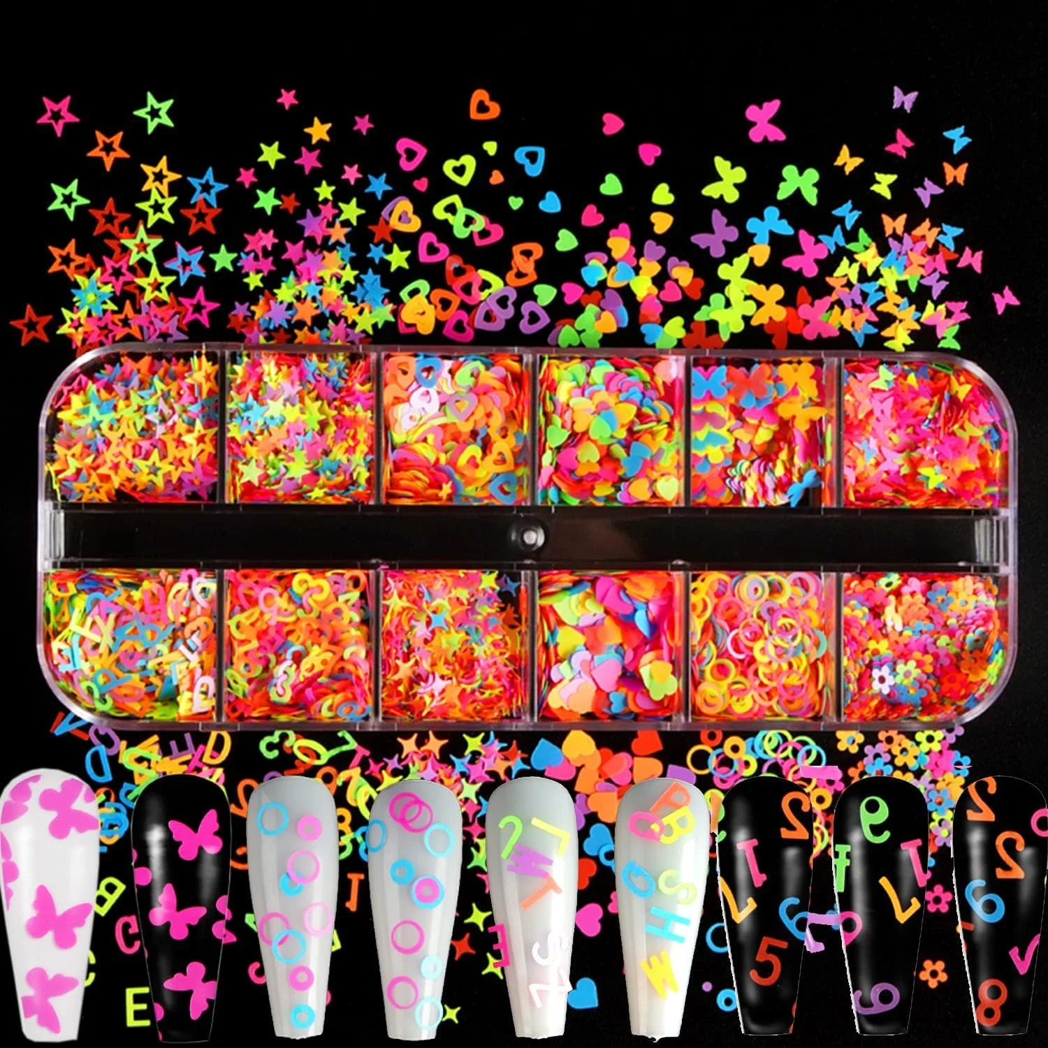 پولک های هنری ناخن درخشان، طراحی پولک های اکلیلی سه بعدی ناخن فلورسنت، پروانه گل ستاره قلب حروف تزئینات ناخن لوازم جانبی اکریلیک هولوگرافی ناخن های مصنوعی کیت کنفتی