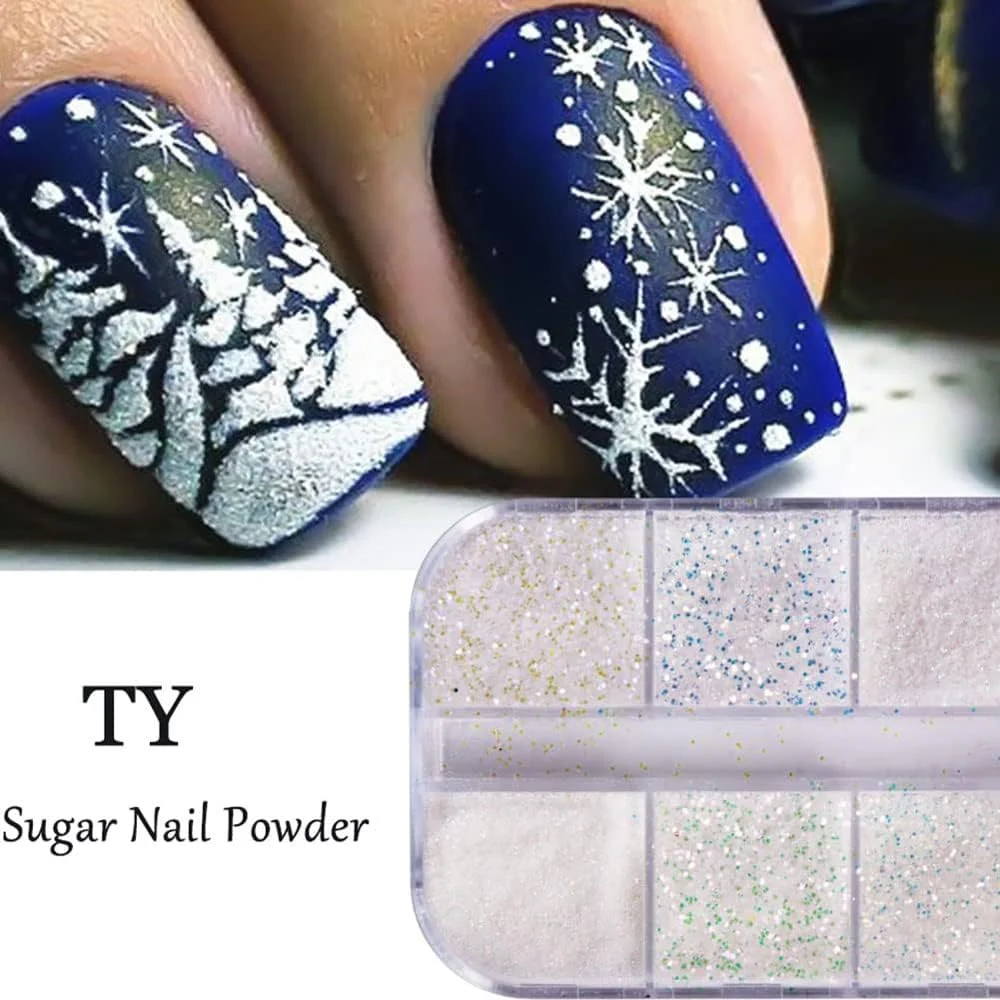 پودر اکلیل ناخن شکر سفید Furimuk برای طراحی ناخن دانه برفی کریسمس، رنگدانه شنی براق سه بعدی آب نباتی، پولک های هنری ناخن زمستانی، لوازم جانبی تزئینی مانیکور.