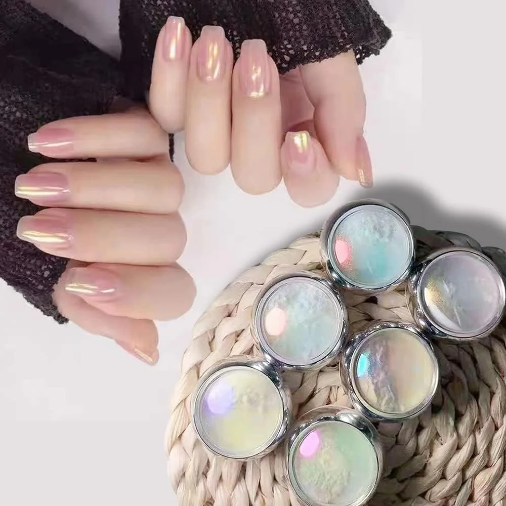 پودر کروم آینه ای لیزری شش رنگ FDTY برای ناخن، اکلیل ناخن، پیگمنت رنگین کمانی آفتاب پرست برای طراحی ناخن