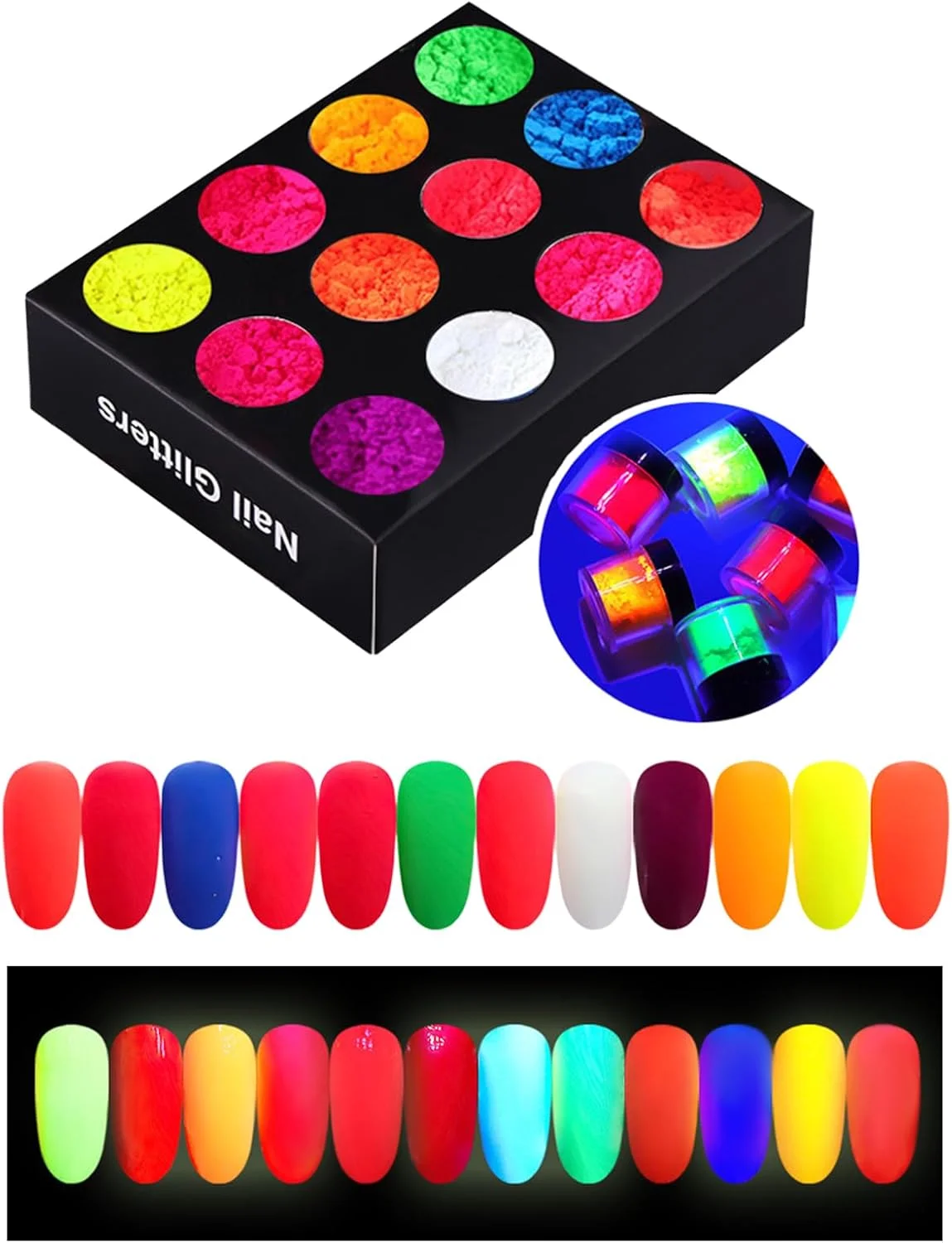 پودر ناخن فلورسنت 12 رنگ EnMart، اکلیل برای ناخن، پودر اکلیل، ست پودر ناخن، ریز، پودر اکلیل برای صنایع دستی، مناسب برای طراحی ناخن، سایه چشم، صورت، صنایع دستی، DIY