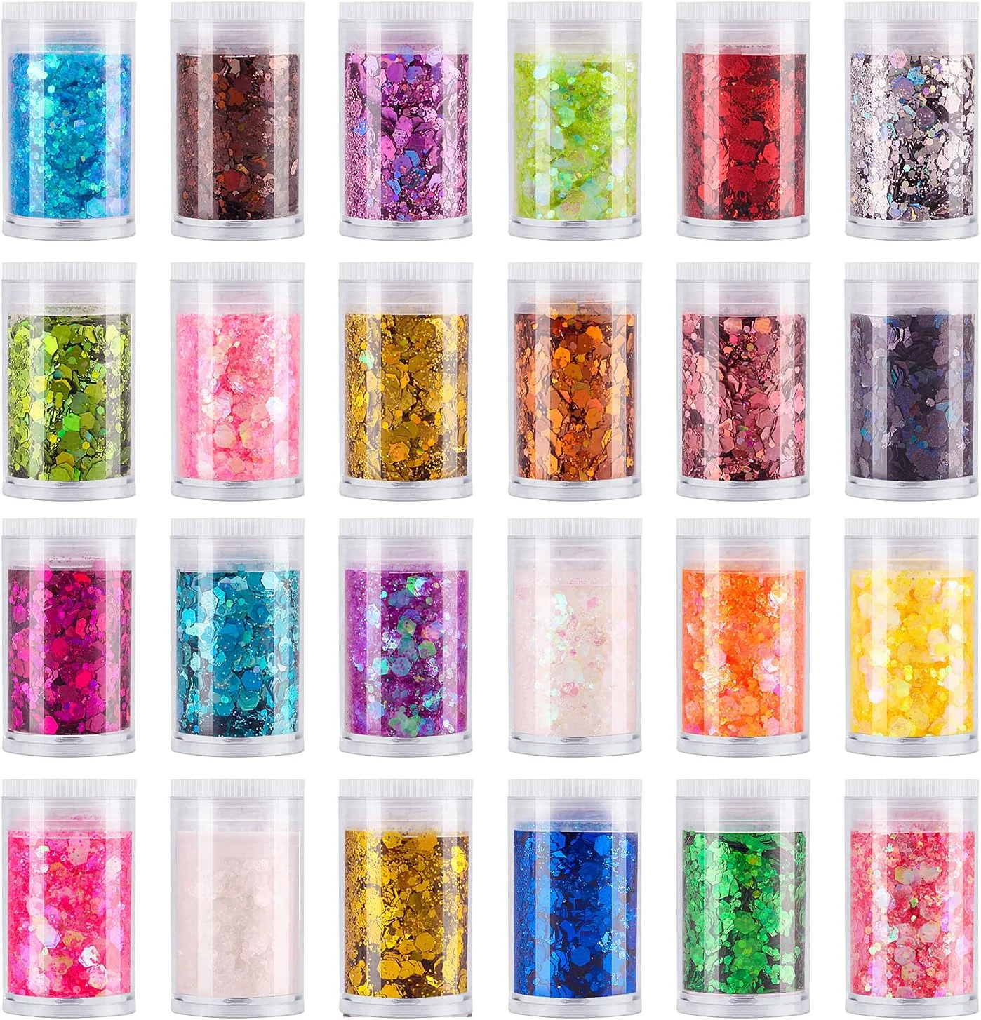 میکس اکلیل درشت و ریز استانویت، 24 رنگ پولک و پودر اکلیل ریز، پولک های اکلیلی هولوگرافیک، مناسب آرایش صورت، بدن، چشم، مو، هنر ناخن، رزین، لیوان، اکلیل شل رنگین کمانی