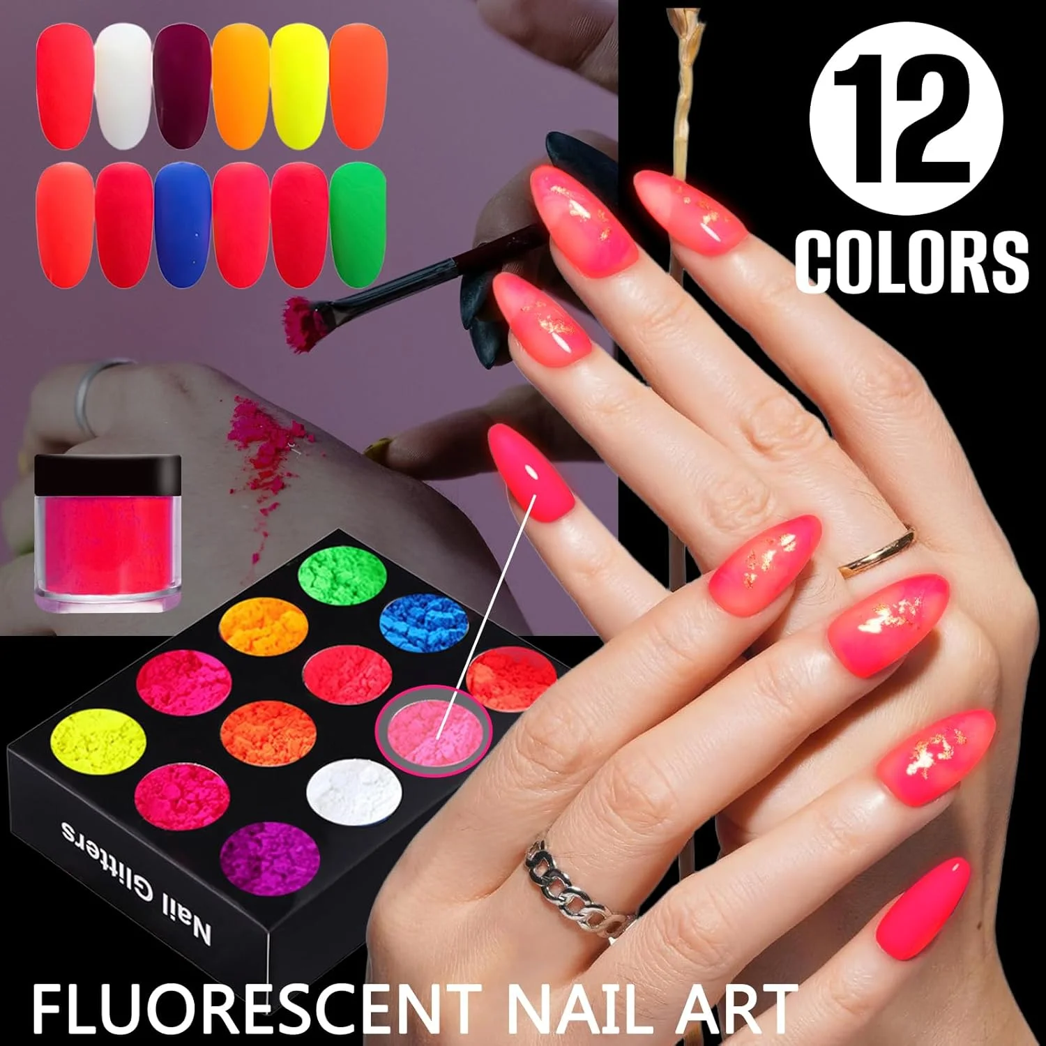 پودر ناخن فلورسنت 12 رنگ EnMart، اکلیل برای ناخن، پودر اکلیل، ست پودر ناخن، ریز، پودر اکلیل برای صنایع دستی، مناسب برای طراحی ناخن، سایه چشم، صورت، صنایع دستی، DIY