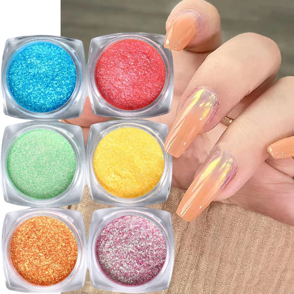 پودر ناخن آینه ای مرواریدی مهتابی داناچه در 6 رنگ، رنگدانه ناخن کروم متالیک جادویی، پودر ناخن هولوگرافیک با جلوه شفق قطبی، رنگدانه های صدفی رنگین کمانی برای طراحی ناخن (رنگین کمانی)