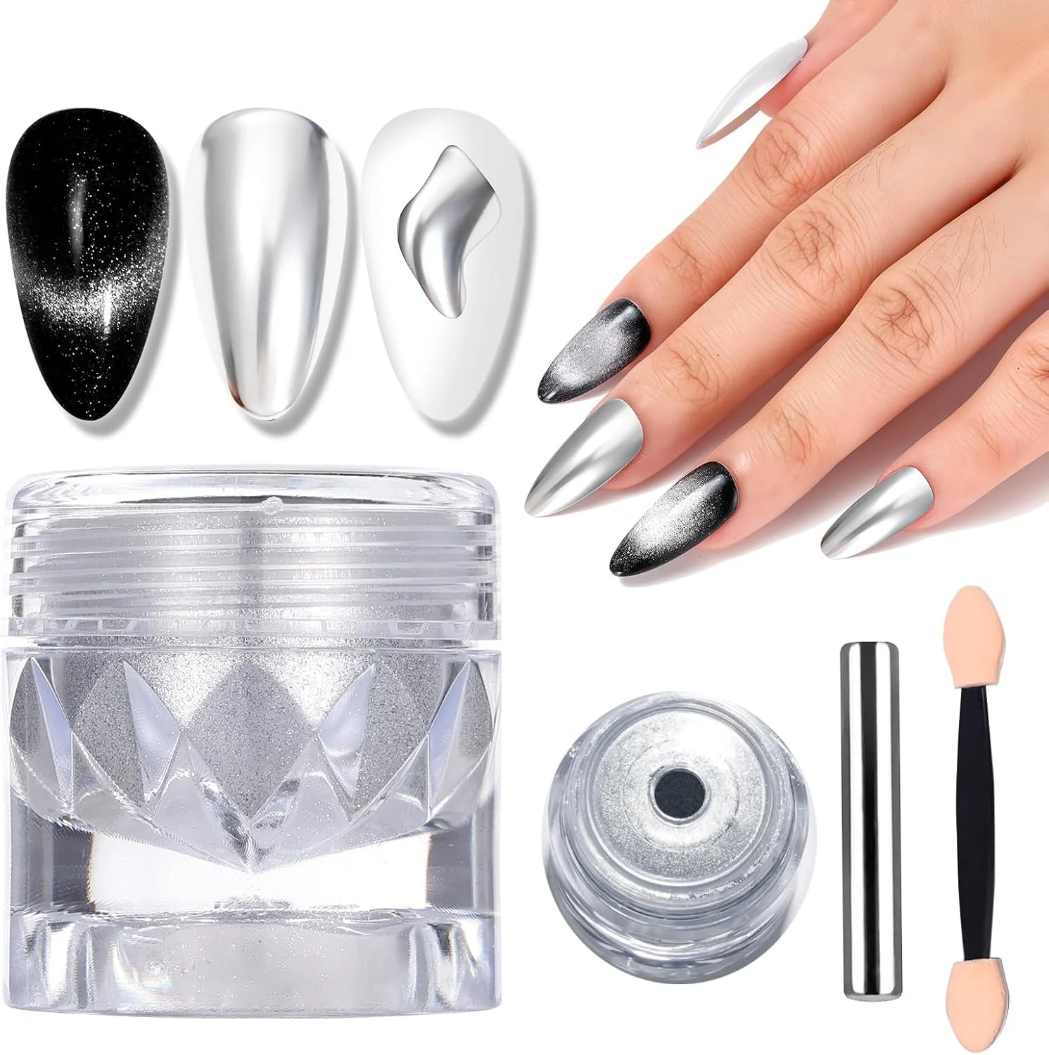 پودر کروم ناخن چشم گربه ای 2 در 1 U-Shinein، پودر کروم ناخن نقره ای با جلوه آینه ای متالیک هولوگرافیک با آهنربای چشم گربه ای برای تزئین ناخن های براق