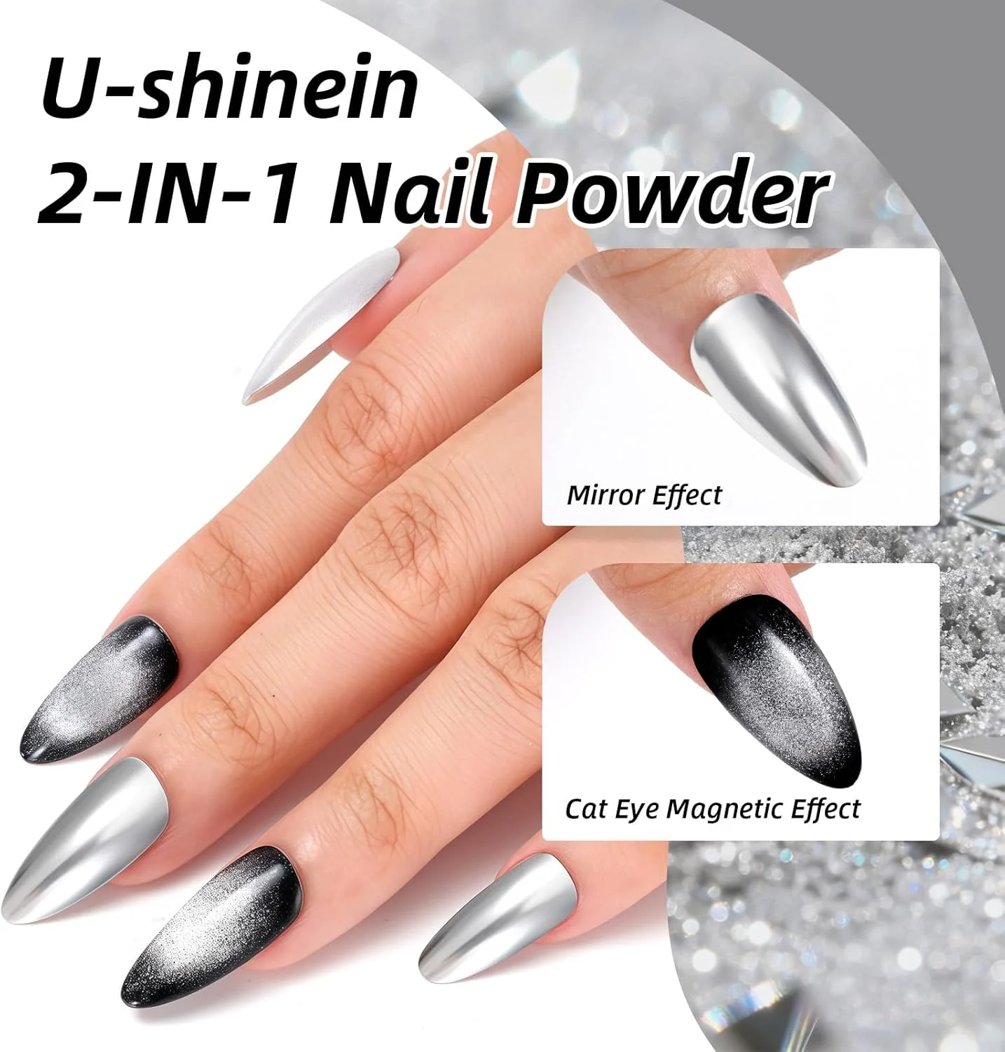 پودر کروم ناخن چشم گربه ای 2 در 1 U-Shinein، پودر کروم ناخن نقره ای با جلوه آینه ای متالیک هولوگرافیک با آهنربای چشم گربه ای برای تزئین ناخن های براق