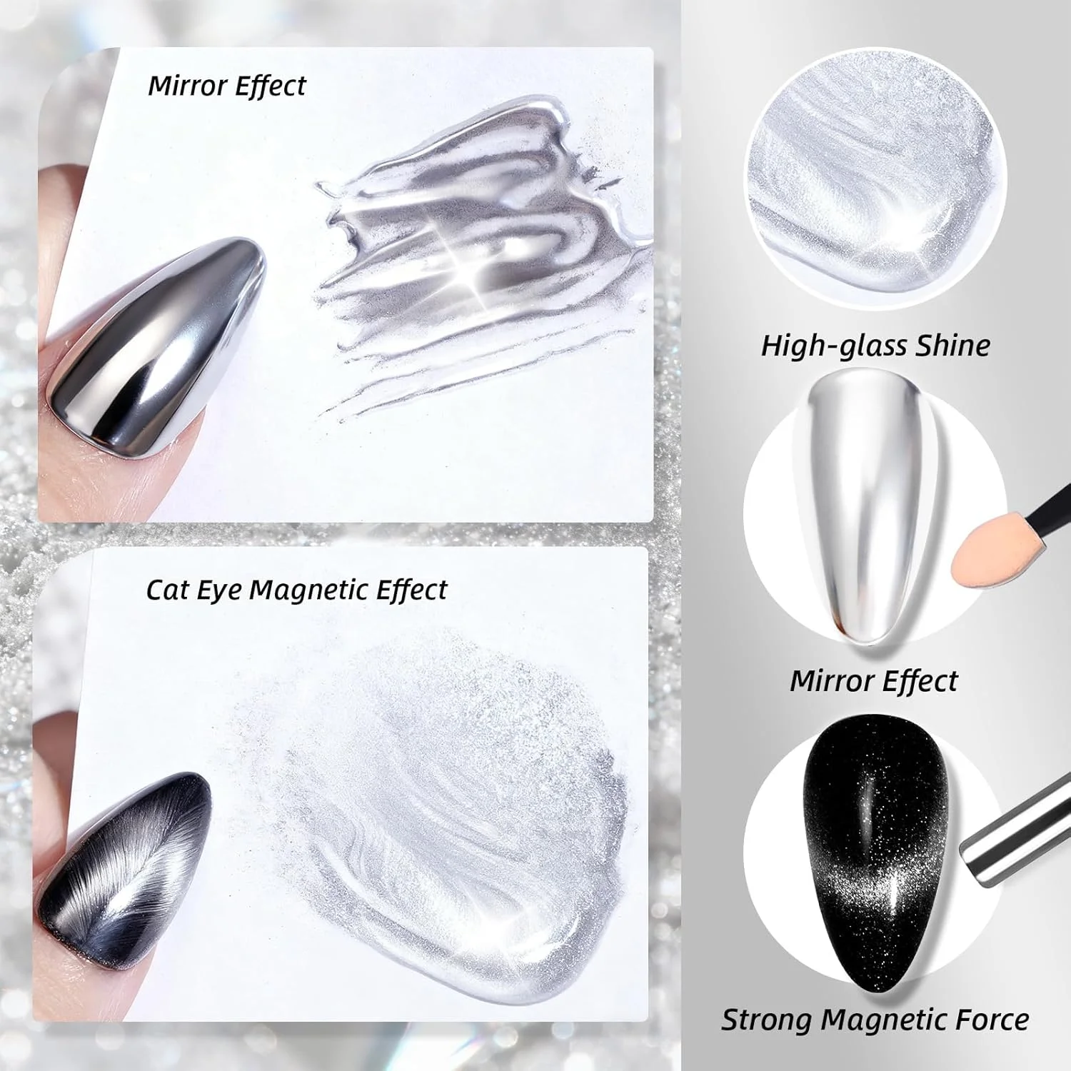 پودر کروم ناخن چشم گربه ای 2 در 1 U-Shinein، پودر کروم ناخن نقره ای با جلوه آینه ای متالیک هولوگرافیک با آهنربای چشم گربه ای برای تزئین ناخن های براق