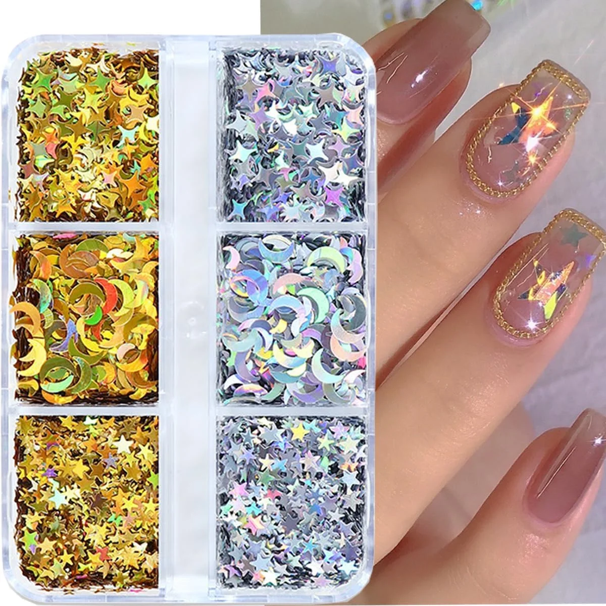 اکلیل ناخن طرح ستاره و ماه، هولوگرافیک، طلایی و نقره ای، پولک های لیزری سه بعدی، اکلیل های فلزی ستاره و ماه برای تزئین ناخن های اکریلیک بانوان و دختران