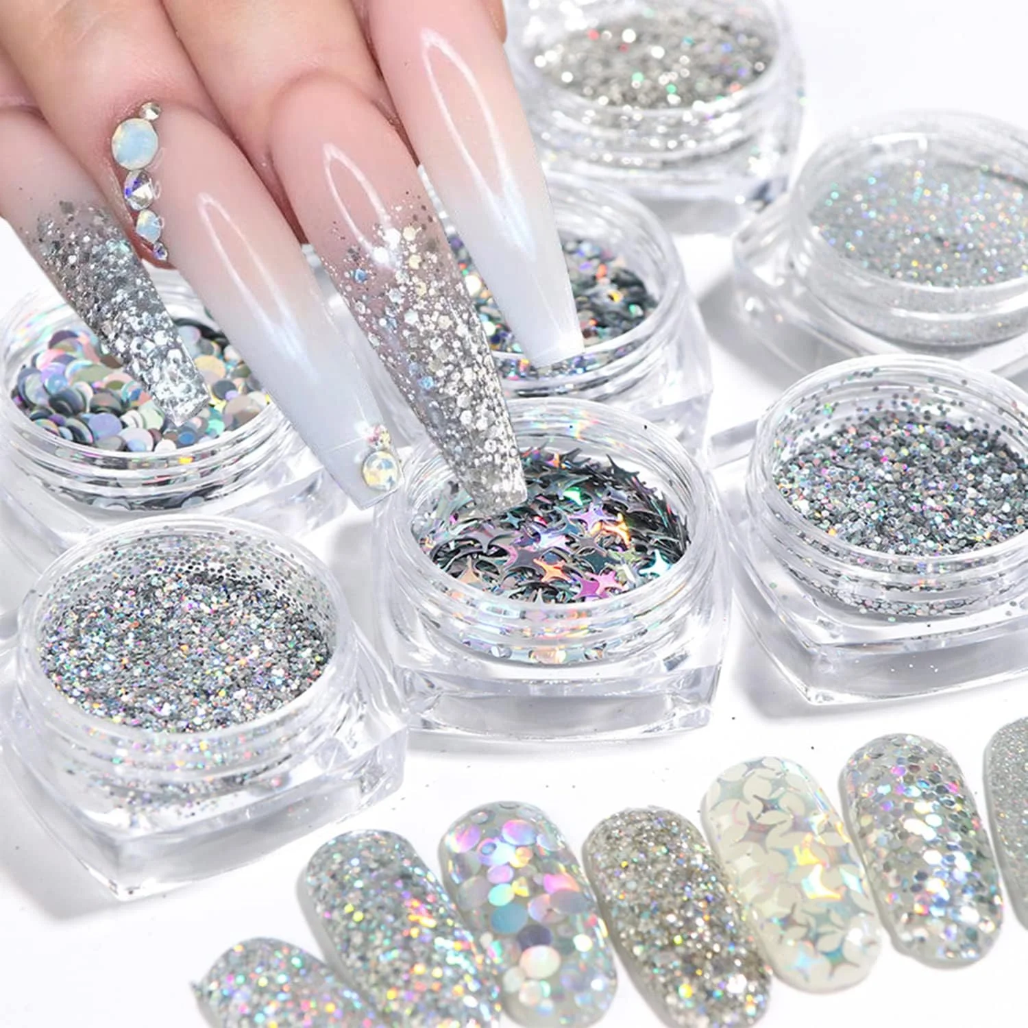 تزئینات ناخن اکلیلی نقره ای، طراحی پولک های پودری کروم هولوگرافیک، لوازم اکریلیک ناخن لیزری برای لاک ژل ناخن، پودر دیپینگ، لوازم جانبی براق مانیکور زنانه و دخترانه