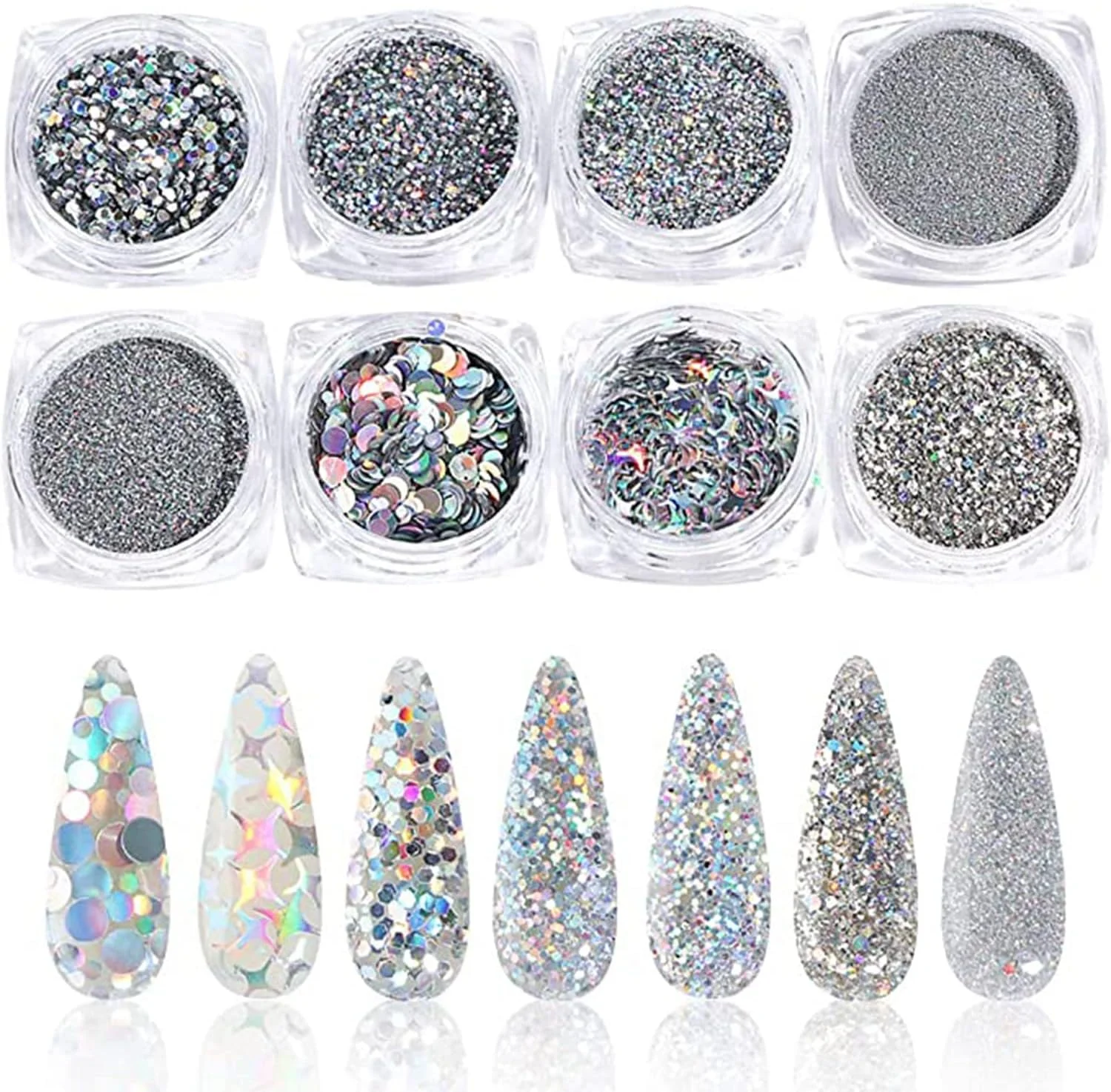 تزئینات ناخن اکلیلی نقره ای، طراحی پولک های پودری کروم هولوگرافیک، لوازم اکریلیک ناخن لیزری برای لاک ژل ناخن، پودر دیپینگ، لوازم جانبی براق مانیکور زنانه و دخترانه